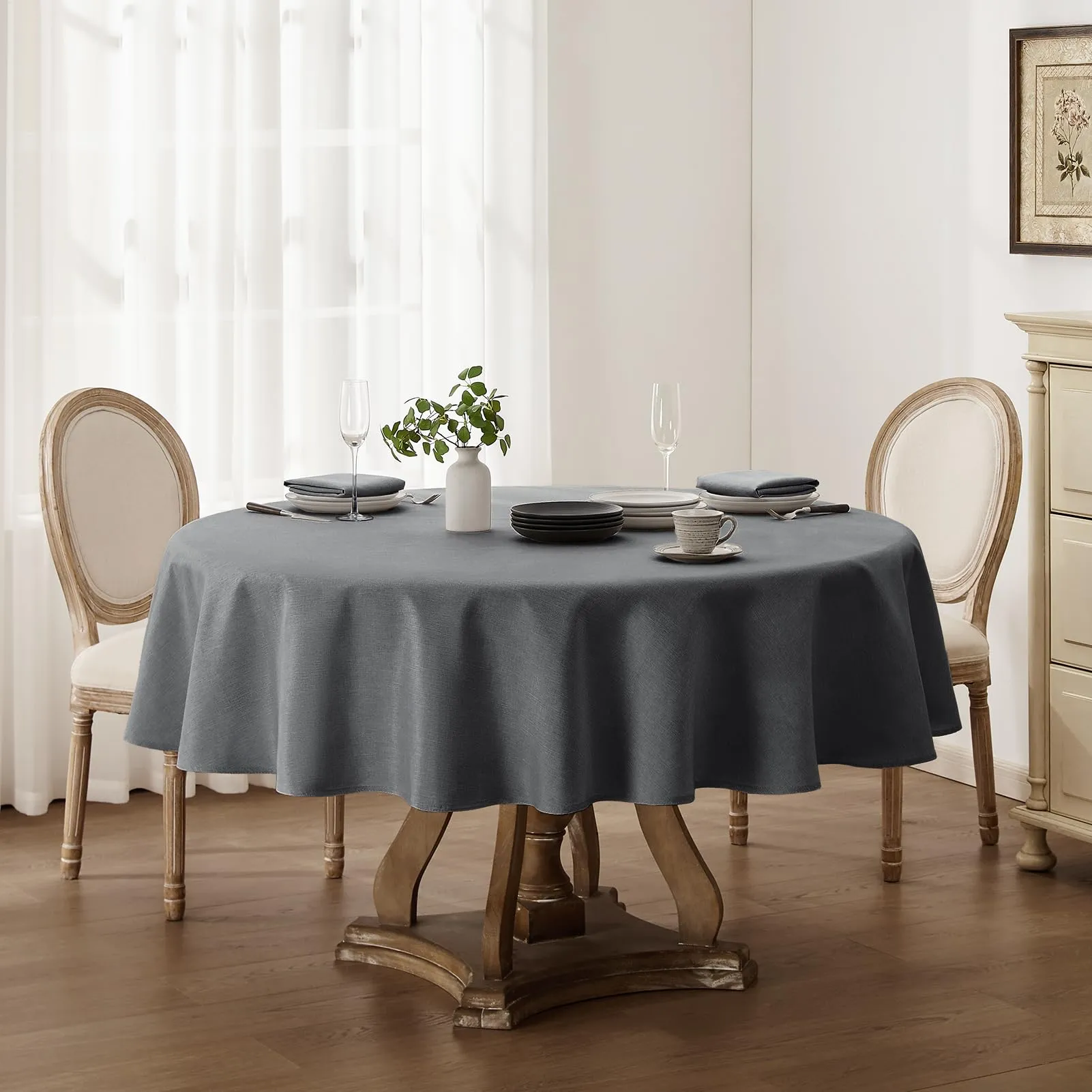 Softalker Tovaglia Rotonda 160 cm in Finto Lino, Antimacchia e Idrorepellente, Grigio - immagine 6