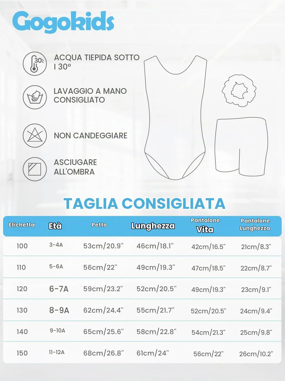 Gogokids Set da Ginnastica 3 Pezzi per Ragazze, Body Senza Maniche, Pantaloncini e Fascia, Blu Scuro - immagine 6