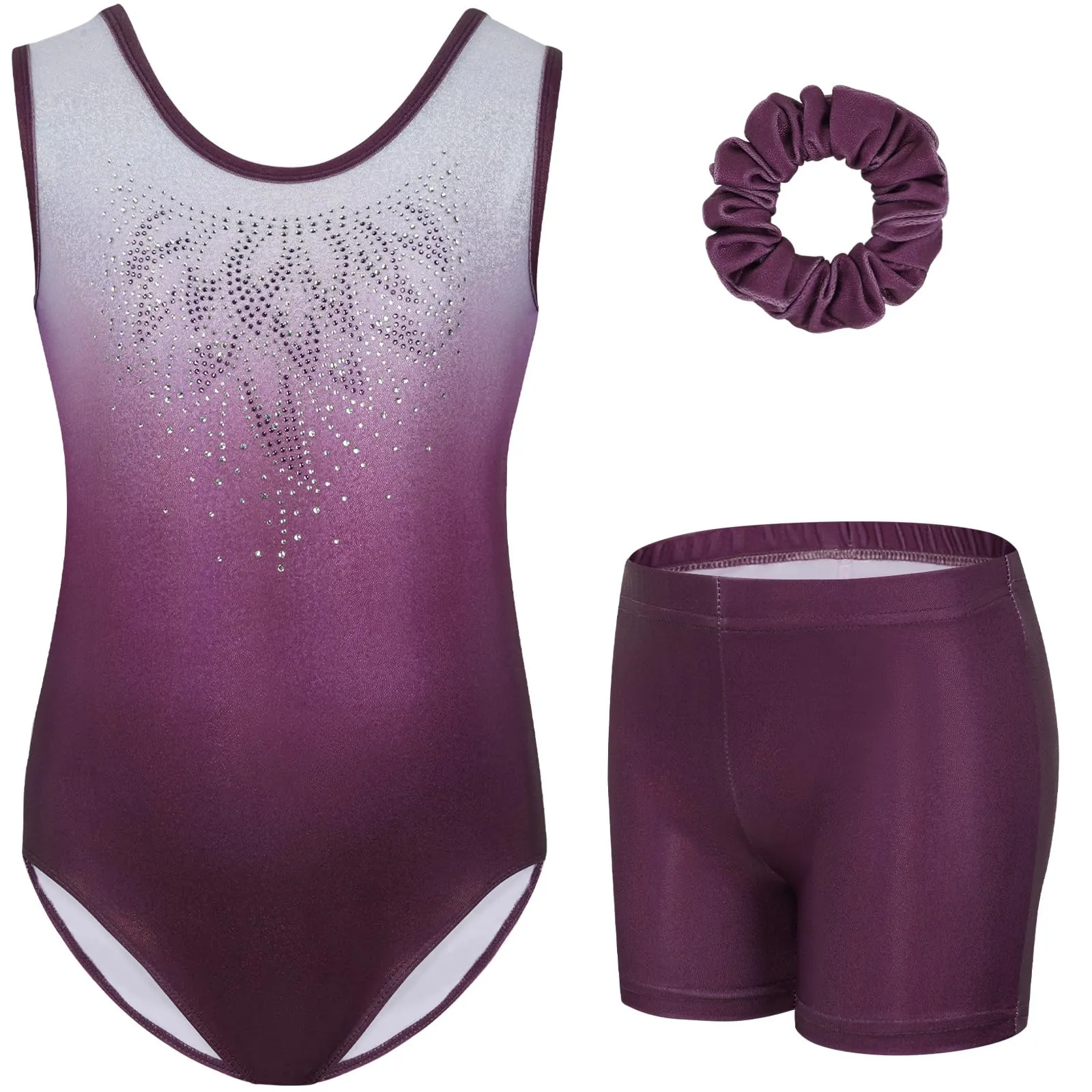 Gogokids Set da ginnastica 3 pezzi per ragazze con body senza maniche, pantaloncini e fascia, design sfumato scintillante, Taglia 130 (8-9 anni) - immagine 1