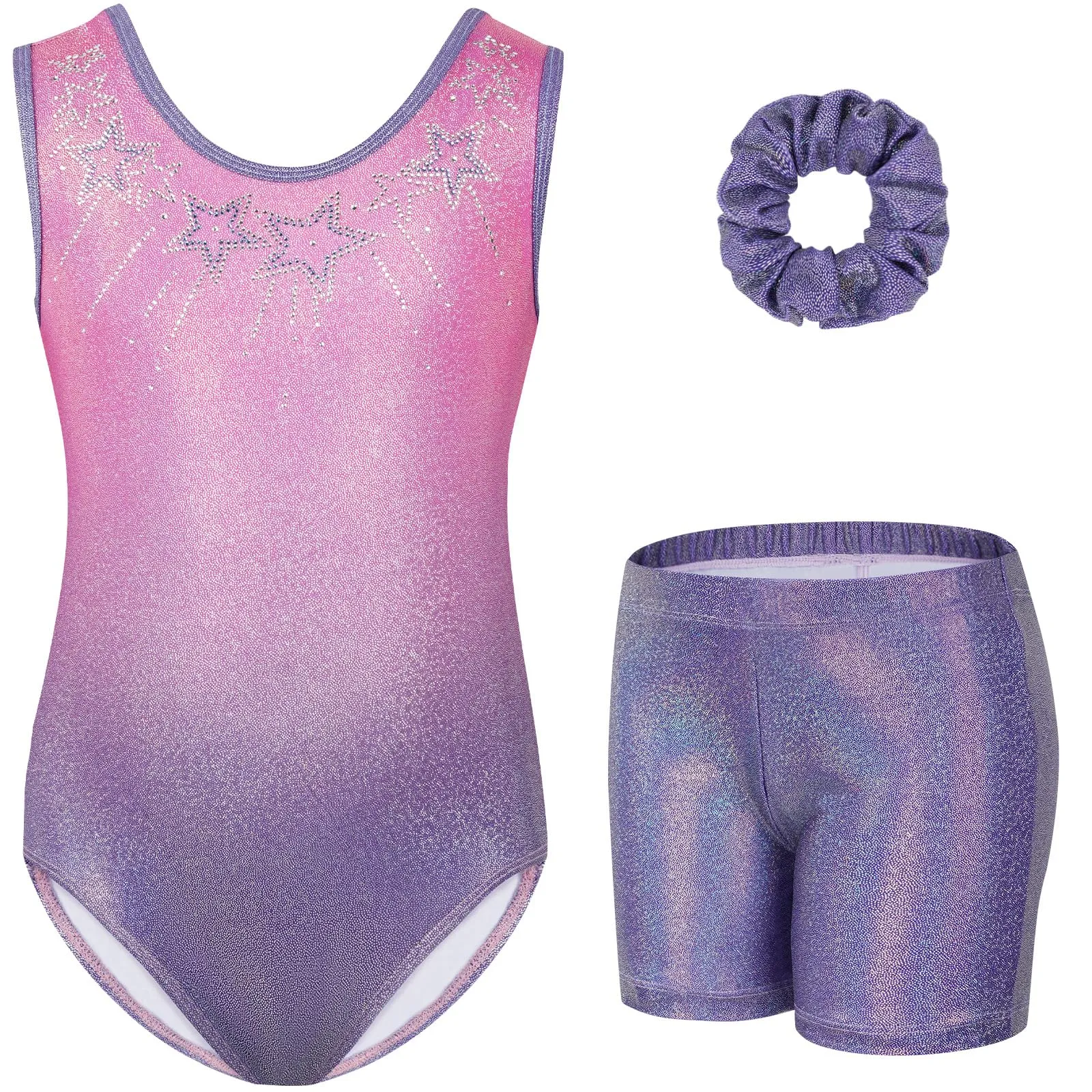 Gogokids Set da ginnastica a tre pezzi per ragazze con body senza maniche, pantaloncini e fascia, rosa viola - immagine 1
