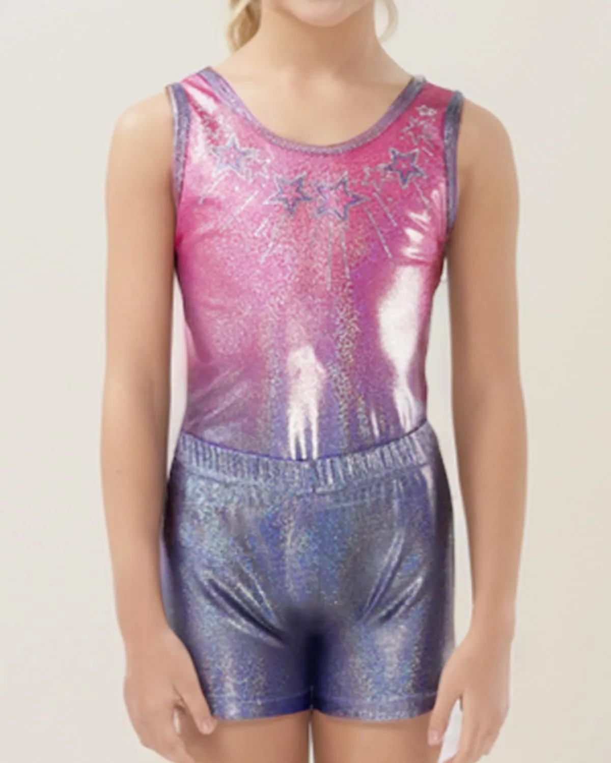 Gogokids Set da ginnastica a tre pezzi per ragazze con body senza maniche, pantaloncini e fascia, rosa viola - immagine 8