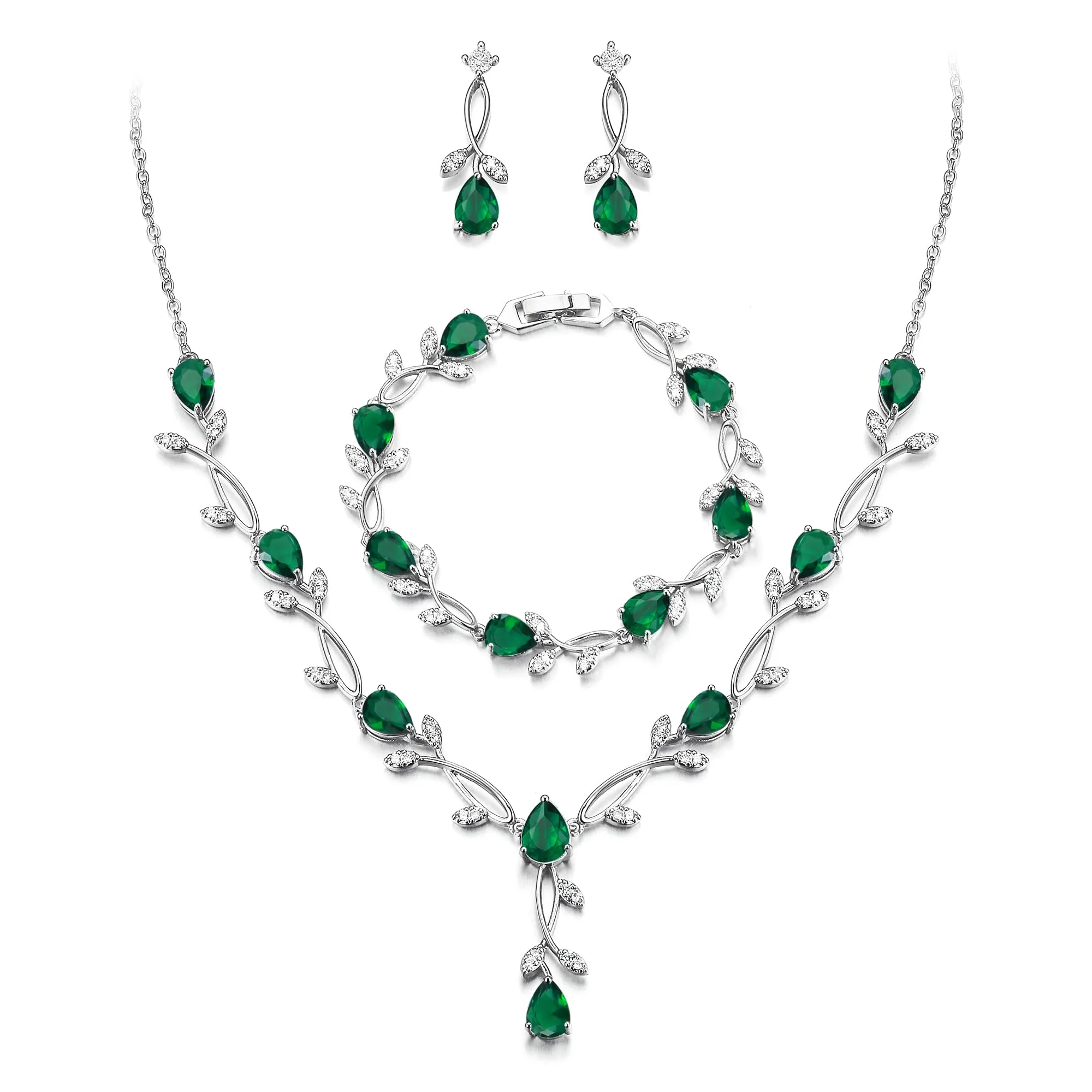 EVER FAITH Set di gioielli da sposa Teardrop Cubic Zirconia foglia di vite con collana, orecchini e bracciale per donna - immagine 1