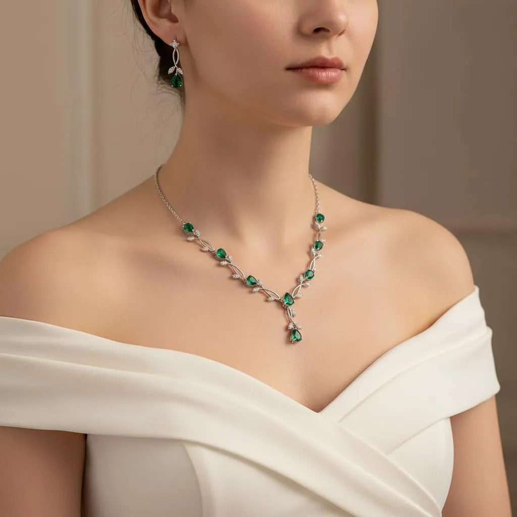 EVER FAITH Set di gioielli da sposa Teardrop Cubic Zirconia foglia di vite con collana, orecchini e bracciale per donna - immagine 2