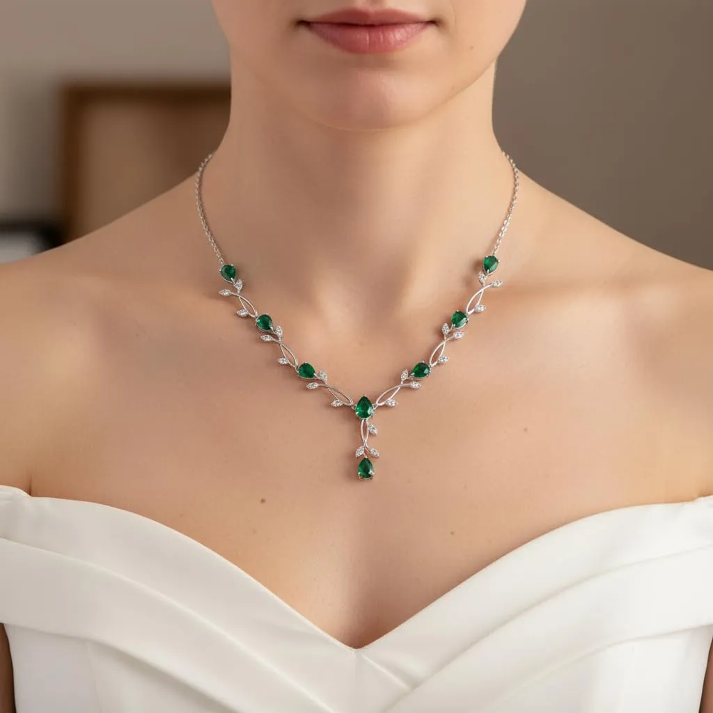 EVER FAITH Set di gioielli da sposa Teardrop Cubic Zirconia foglia di vite con collana, orecchini e bracciale per donna - immagine 3