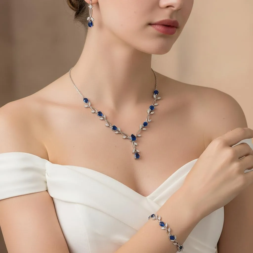EVER FAITH Set di gioielli da sposa in Zirconia Cubica con foglia di vite, collana, orecchini e bracciale - immagine 2