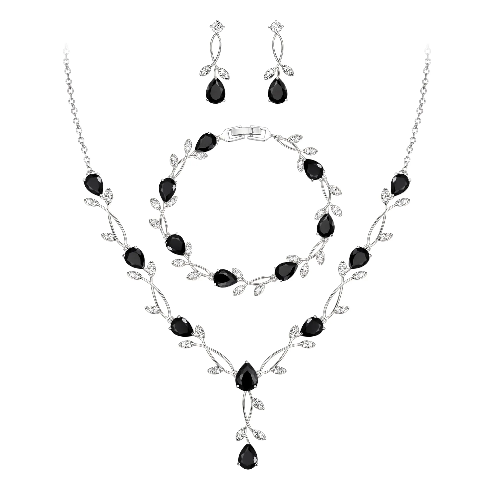 EVER FAITH Set di gioielli da sposa con Zirconia cubica, collana, orecchini e bracciale a forma di goccia e foglia di vite - immagine 1