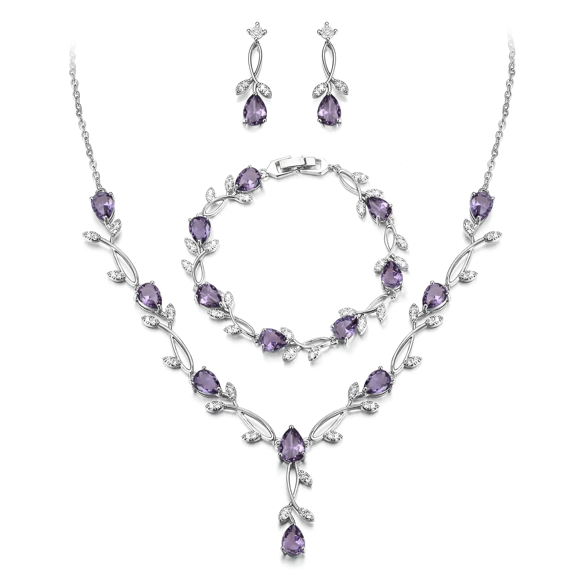 EVER FAITH Set di gioielli da sposa Teardrop Cubic Zirconia foglia di vite, collana, orecchini e bracciale - immagine 1
