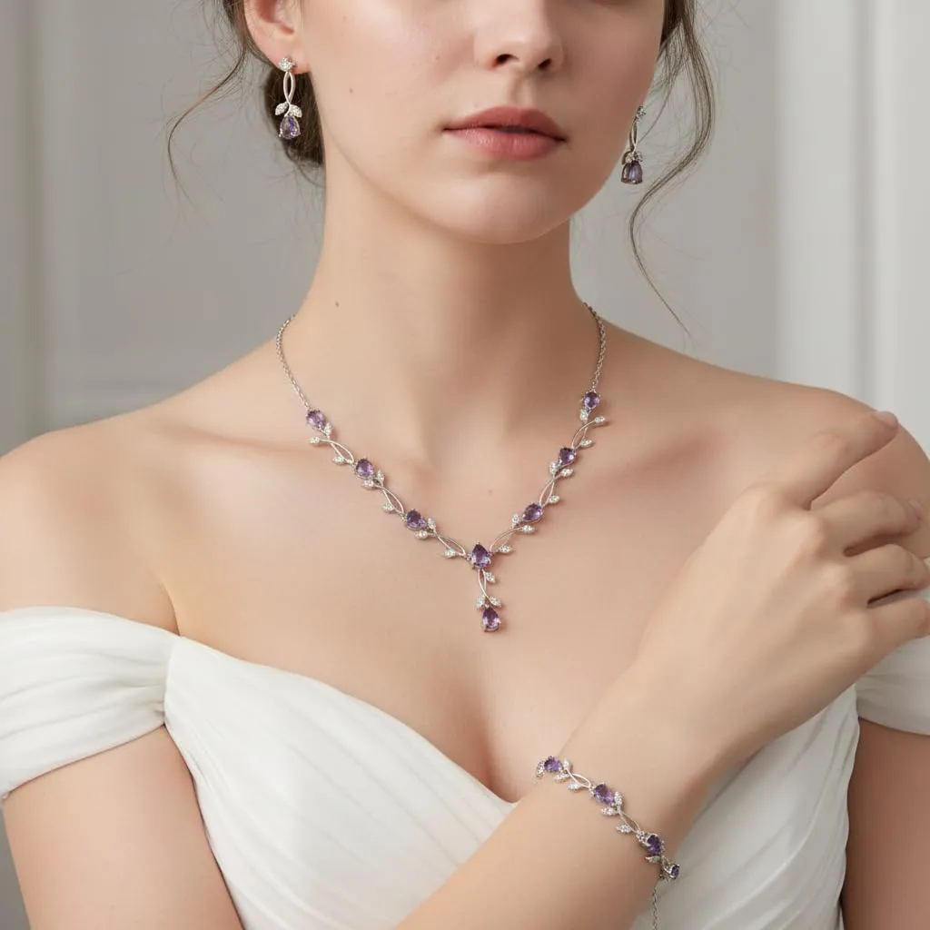 EVER FAITH Set di gioielli da sposa Teardrop Cubic Zirconia foglia di vite, collana, orecchini e bracciale - immagine 2