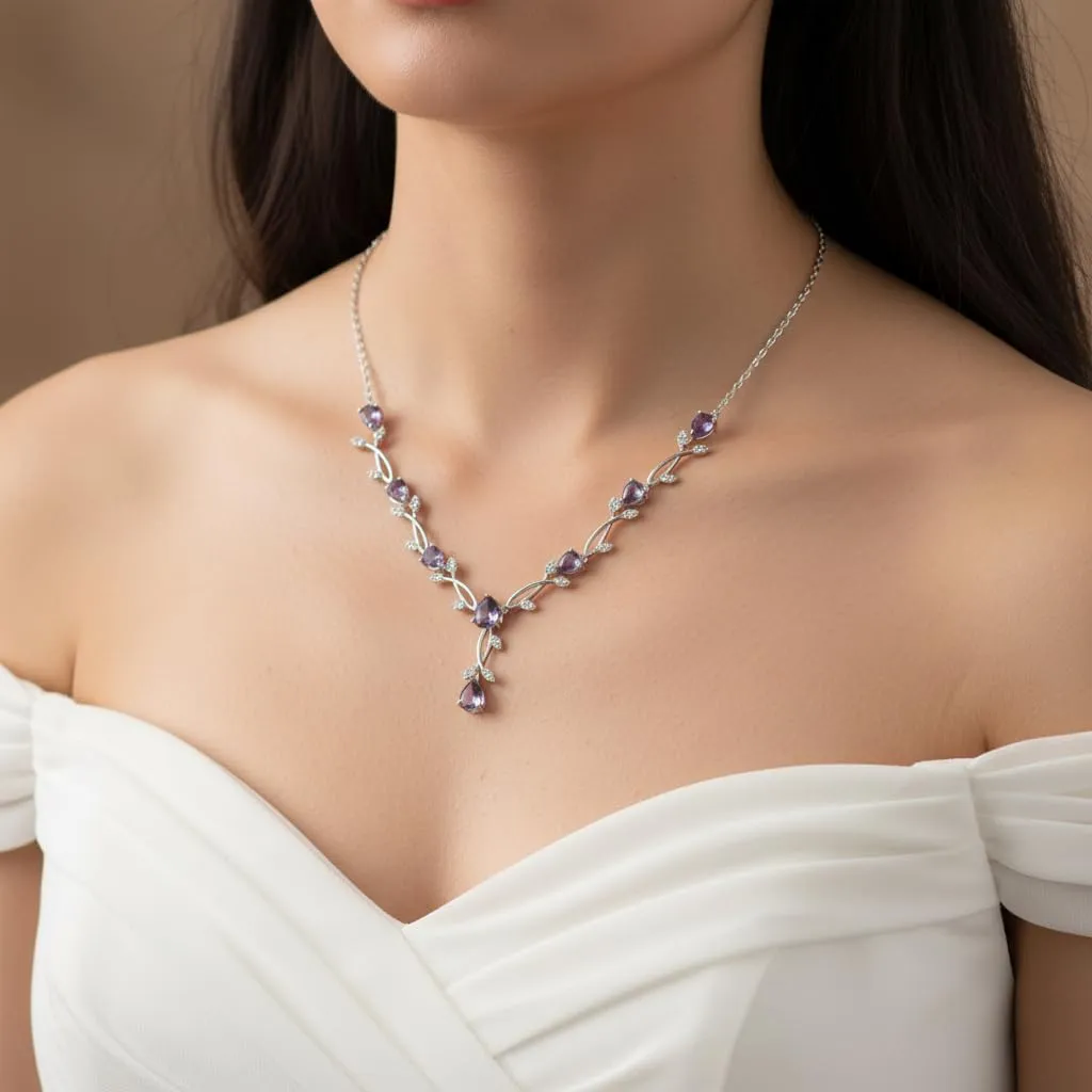 EVER FAITH Set di gioielli da sposa Teardrop Cubic Zirconia foglia di vite, collana, orecchini e bracciale - immagine 3
