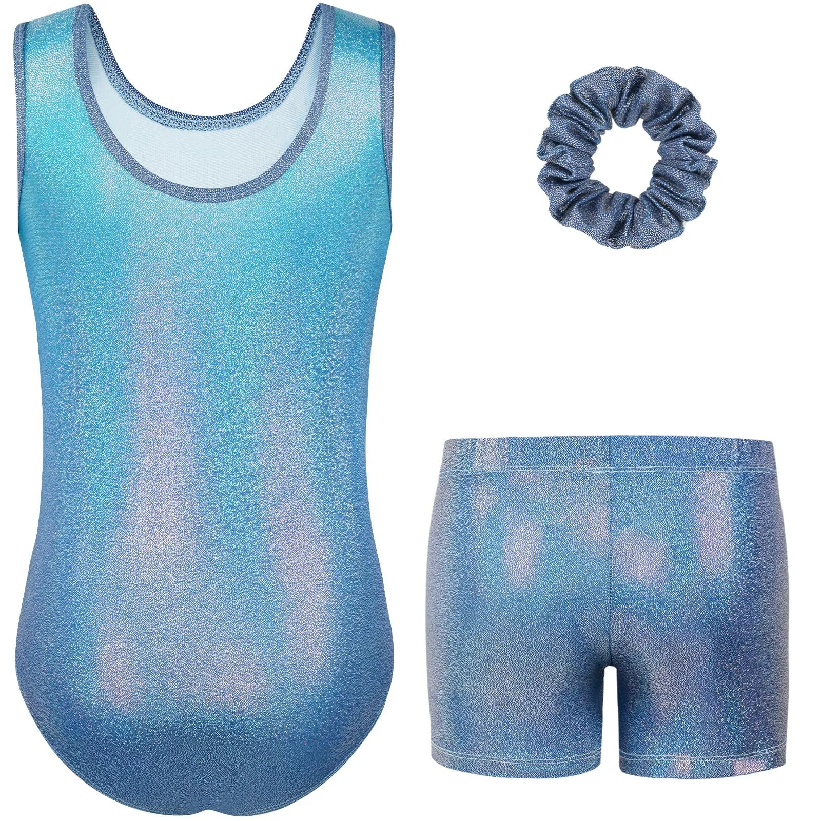 Gogokids Set da Ginnastica 3 Pezzi per Ragazze con Body, Pantaloncini e Fascia, Blu Scuro, Taglia 100 - immagine 7