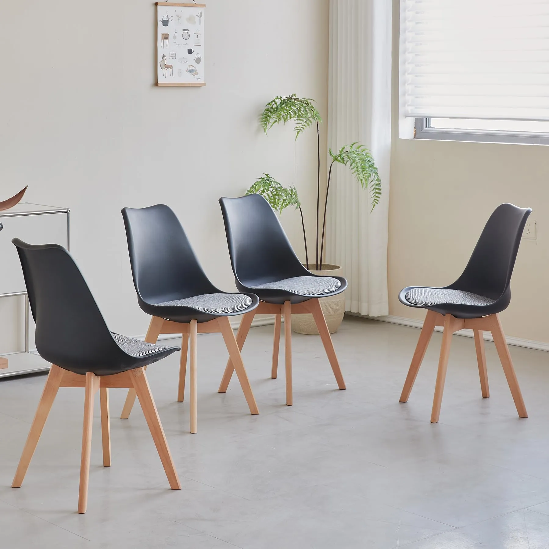 DEYARNA HOME Set di 4 Sedie da Pranzo Moderne in Tessuto Imbottito con Gambe in Legno di Faggio, Nero - immagine 9