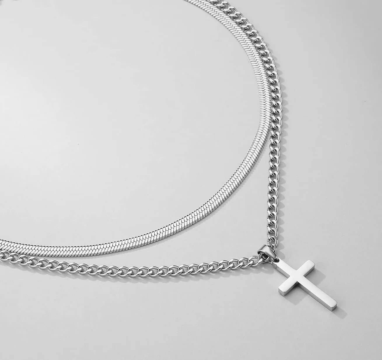 Esmoly Collana Crocifisso Uomo in Acciaio Inossidabile 316L, Catena Cubana e Serpente Doppia, Argento 22+24 Inches - immagine 4