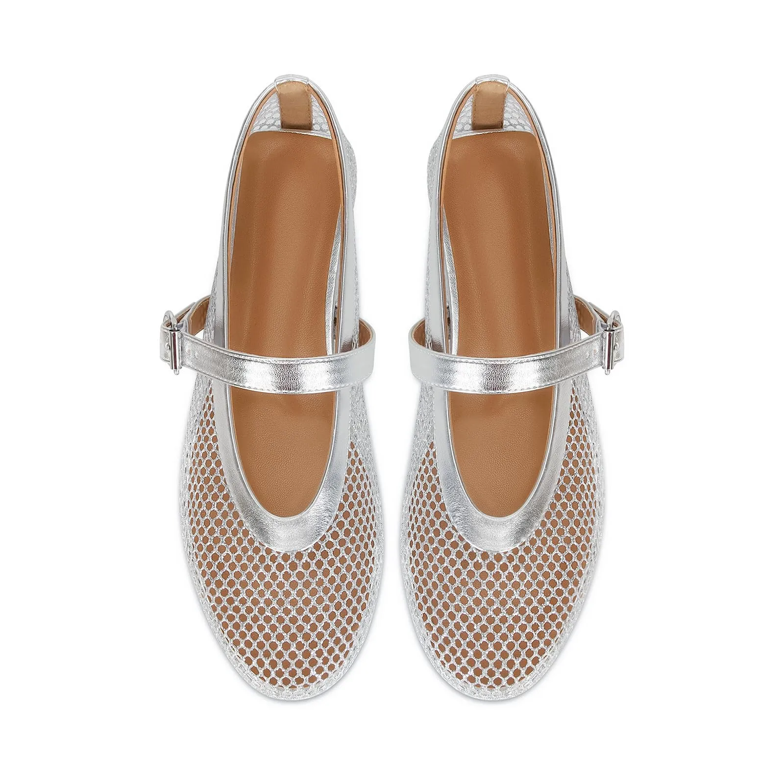 DOEYG Ballerine da donna in rete con cinturino con fibbia, Argento, 42.5 EU - immagine 4