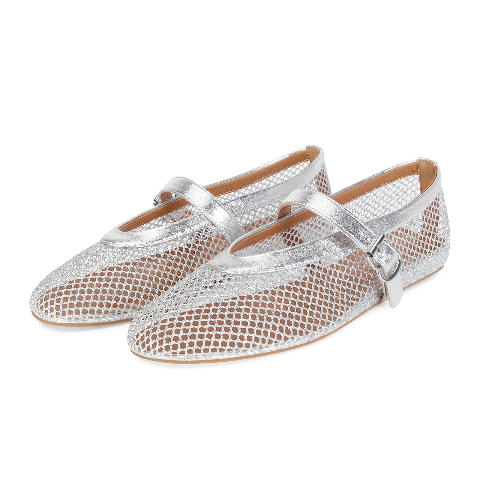 DOEYG Ballerine in rete da donna con fibbia, Argento, 37 EU - immagine 1