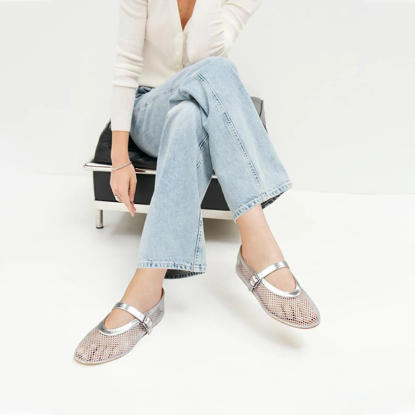 DOEYG Ballerine da donna in rete con cinturino con fibbia, Argento, 41 EU - immagine 3