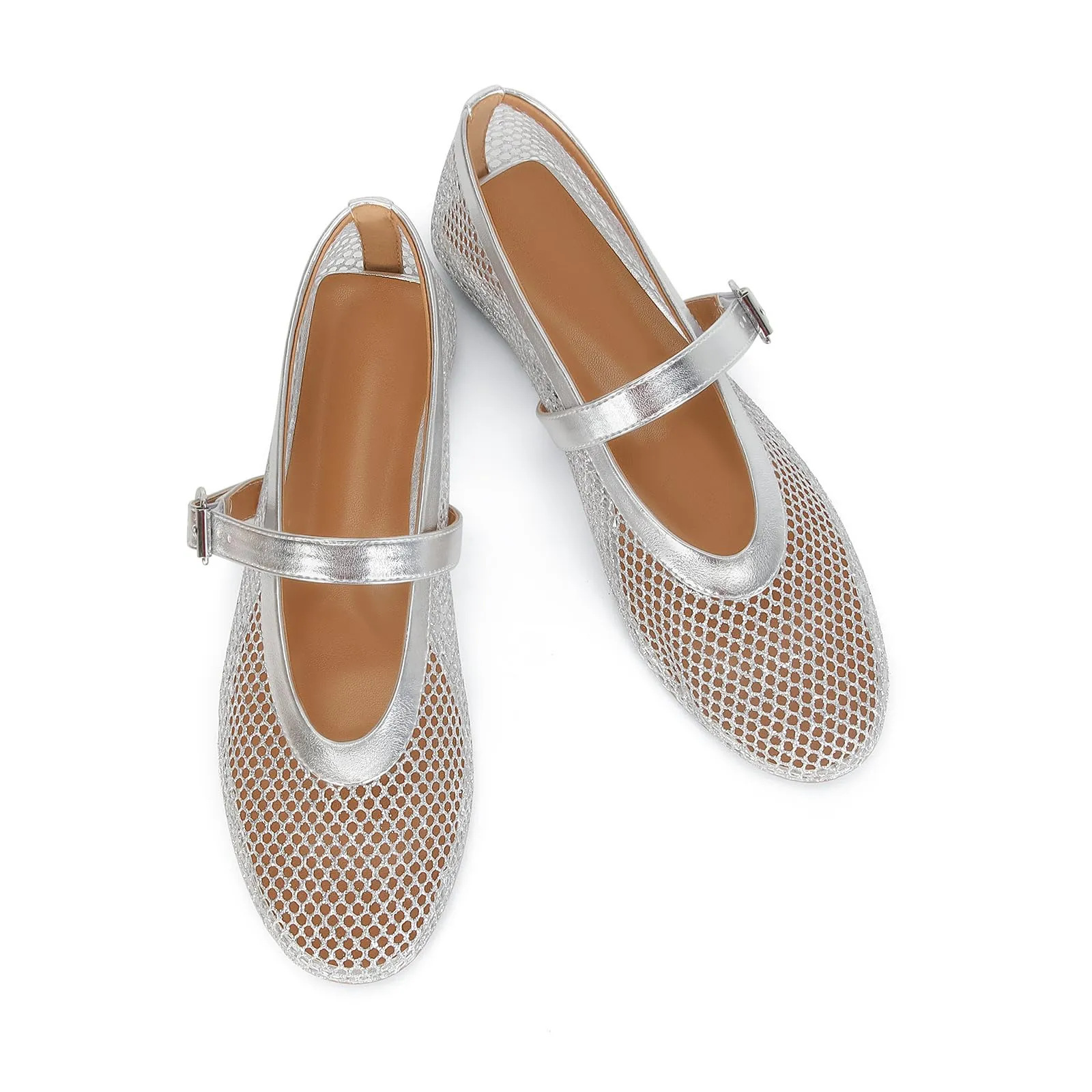 DOEYG Ballerine da donna in rete con cinturino con fibbia, Argento, 41 EU - immagine 5