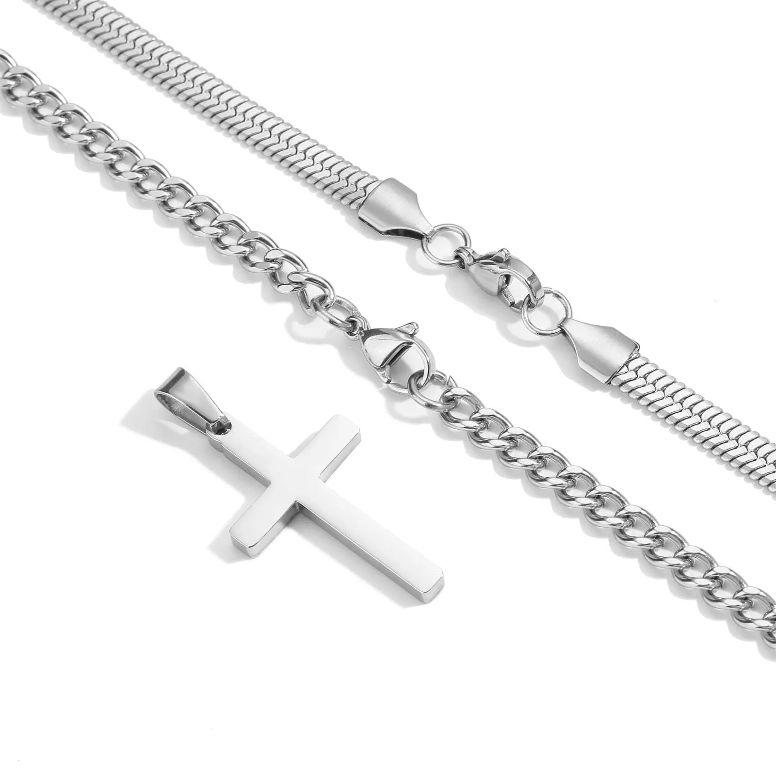 Esmoly Collana Crocifisso Uomo in Acciaio Inossidabile 316L Catena Cubana e Serpente (Argento 18+20 Inches) - immagine 5