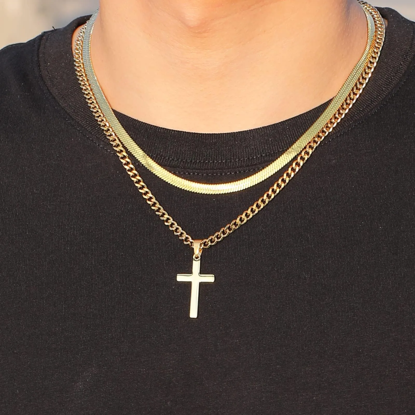 Esmoly Collana Crocifisso Uomo in Acciaio Inossidabile 316L, Catena Cubana e Serpente, Oro 20+22 Inches - immagine 3