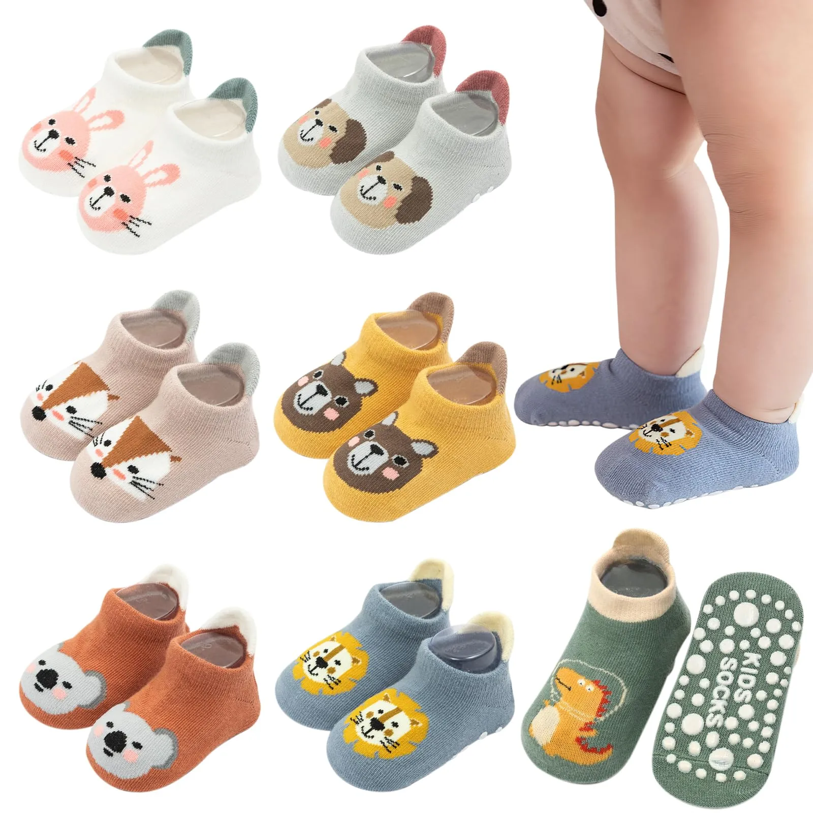 VEGCOO Calzini Antiscivolo in Cotone con Stampa Animali per Neonati e Bambini, 7 Paia, 3-5 Anni, Multicolore - immagine 1