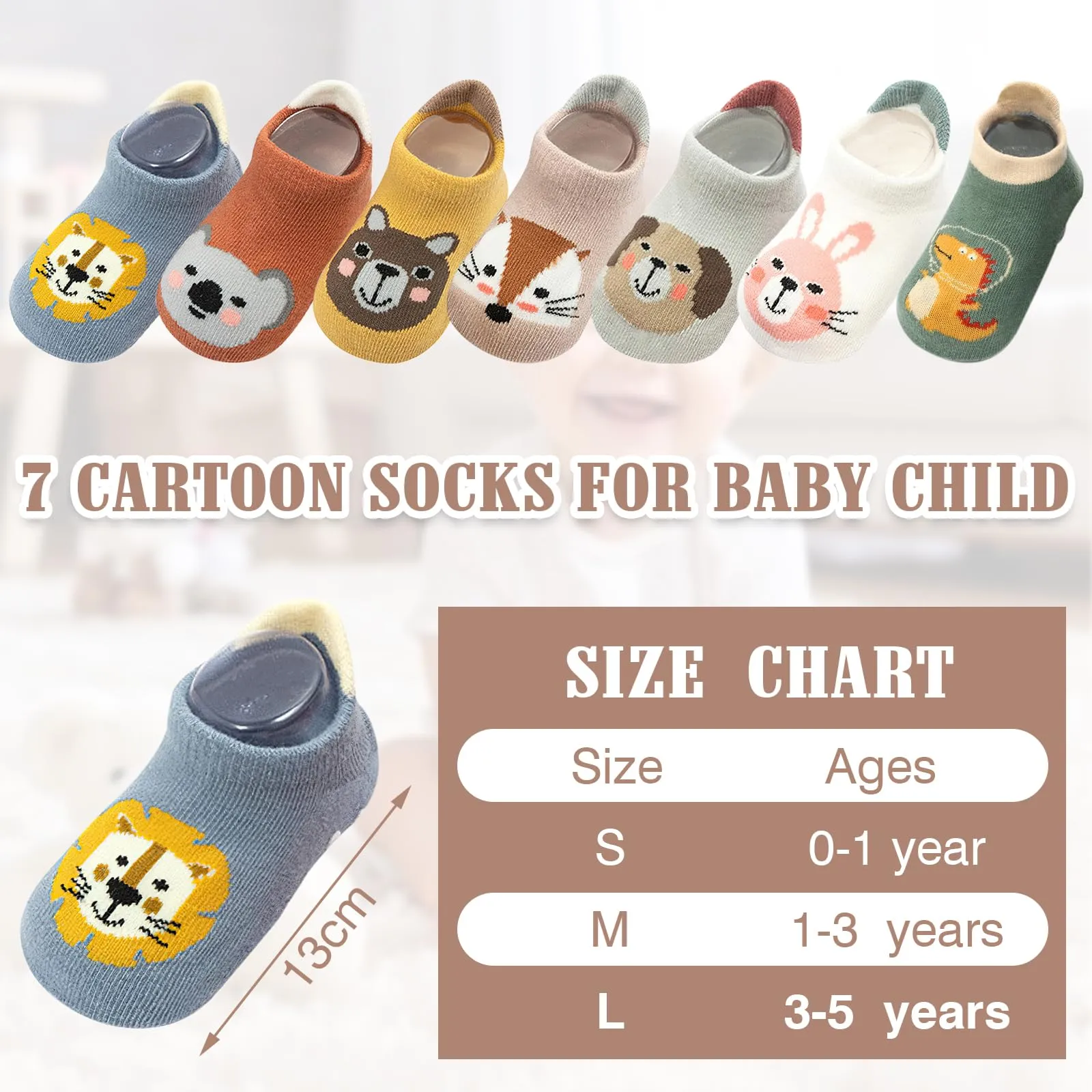 VEGCOO Calzini Antiscivolo in Cotone con Stampa Animali per Neonati e Bambini, 7 Paia, 3-5 Anni, Multicolore - immagine 4