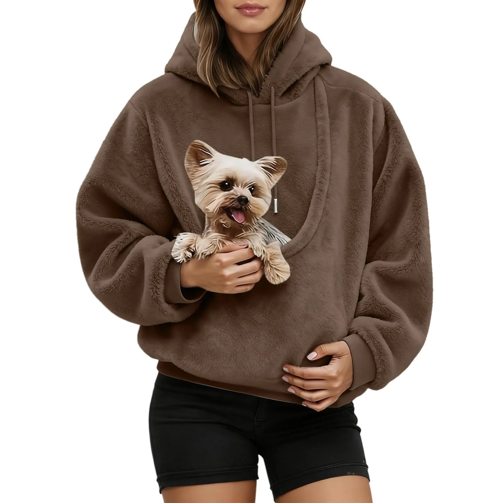 Felpa con Cappuccio Donna con Tasca Porta Animali Canguro, Brown, M - immagine 1