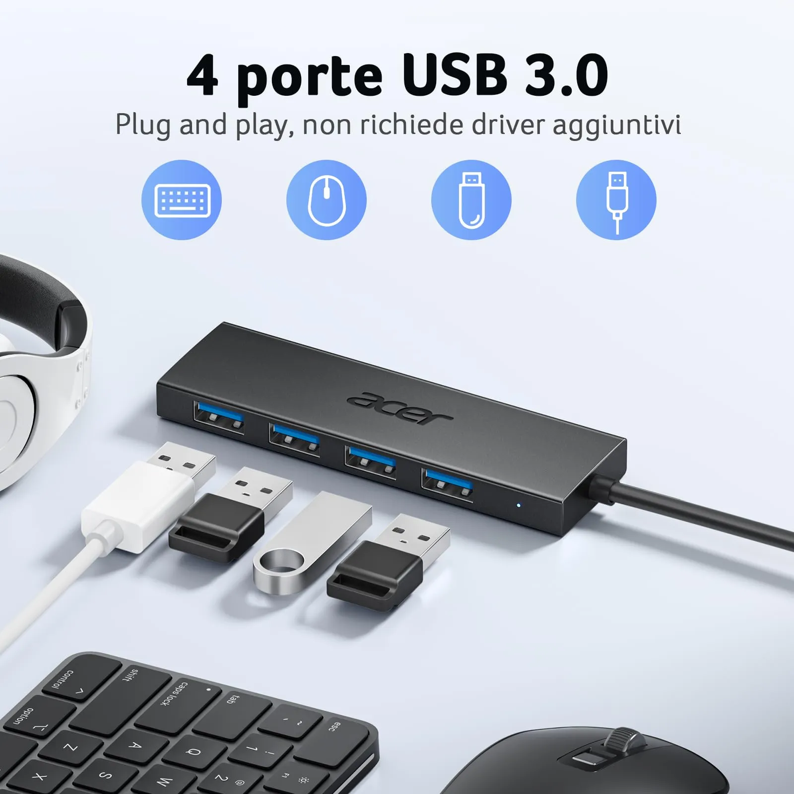 Acer Hub USB 3.0 con 5 porte, Adattatore Alta velocità 5Gbps, 120cm - immagine 2