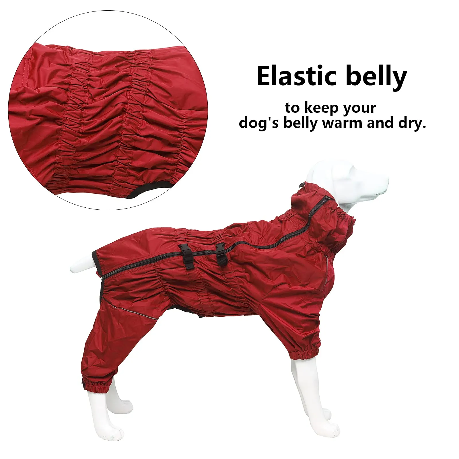 Morezi Impermeabile per Cani a Collo Alto, Cappotto Impermeabile a Quattro Zampe con Cerniera Posteriore e Polsini Elastici, Rosso, L - immagine 4