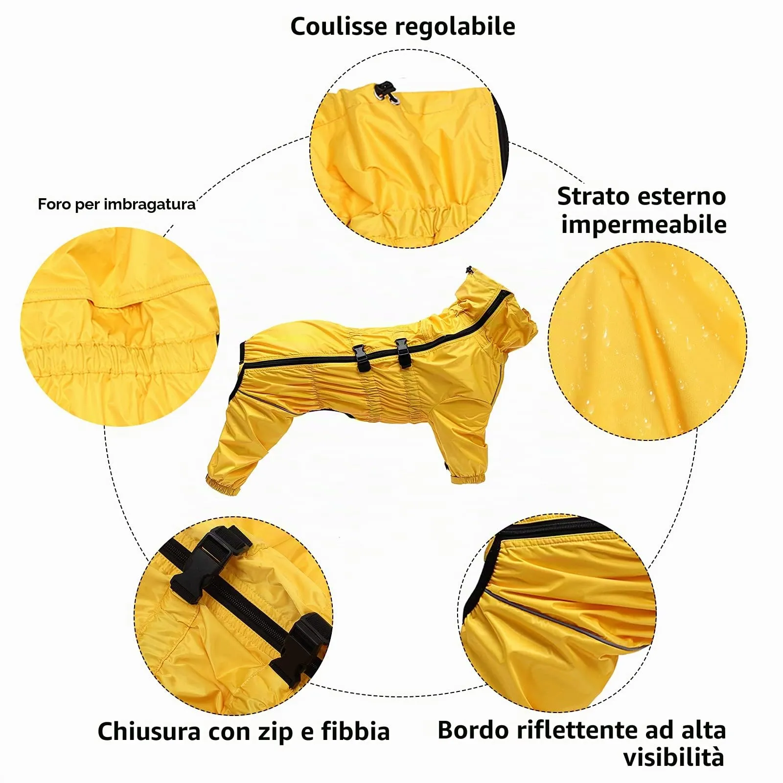 Morezi Impermeabile per cani a quattro zampe con cerniera posteriore e polsini elastici, Giallo, XXL - immagine 3
