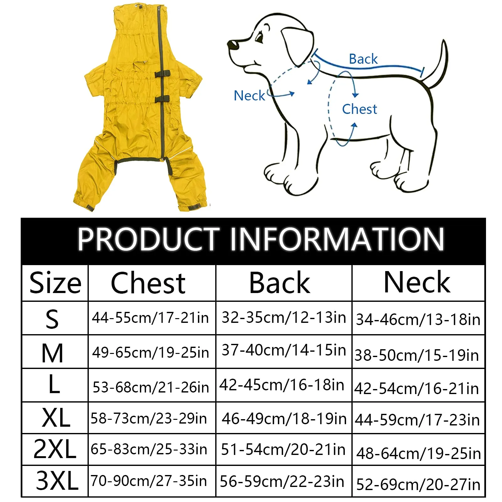 Morezi Impermeabile per cani a collo alto a quattro zampe con cerniera posteriore e polsini elastici, Giallo, S - immagine 6