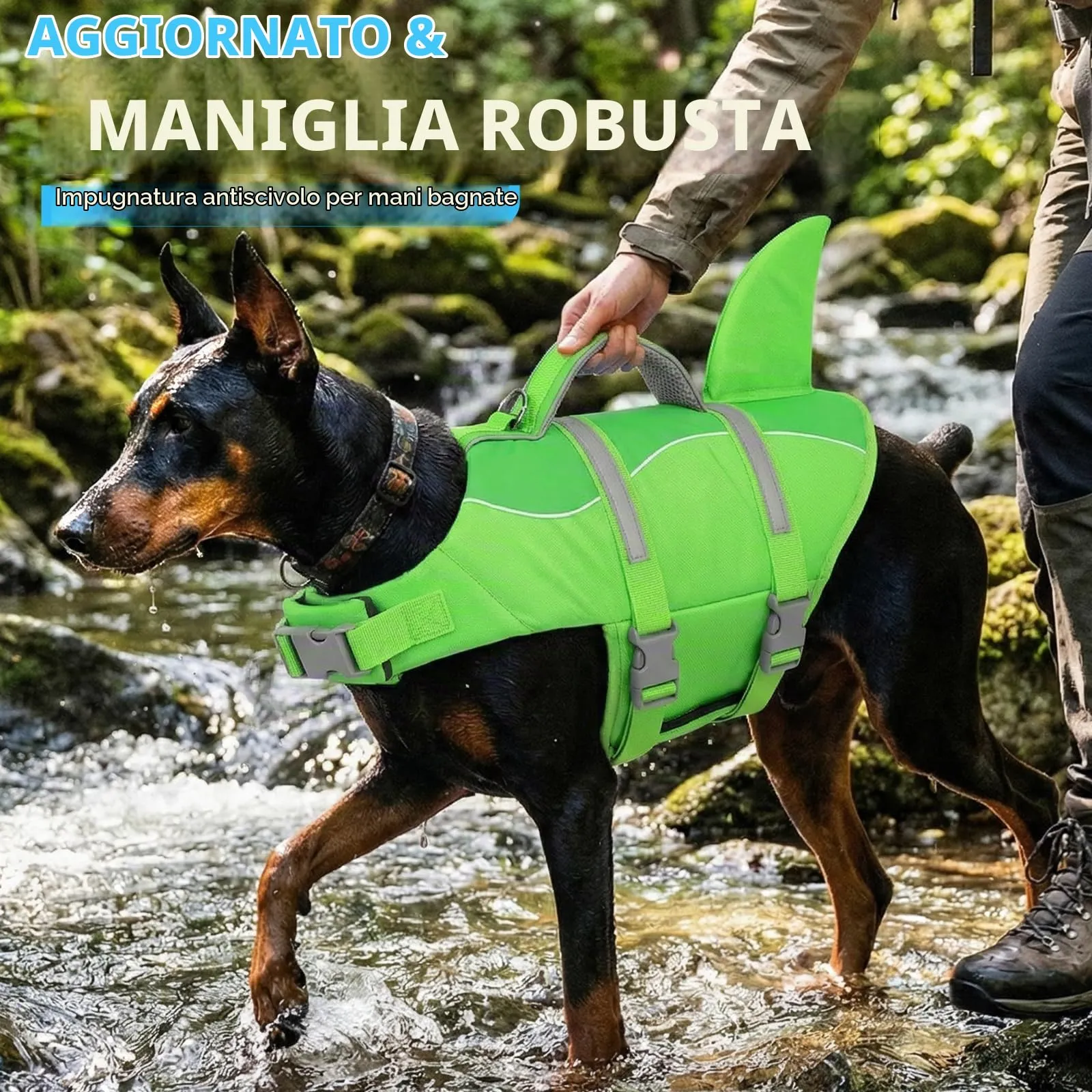 AOFITEE Giubbotto Salvagente per Cani con Pinna di Squalo, Taglia Medium, Verde Acceso - immagine 2