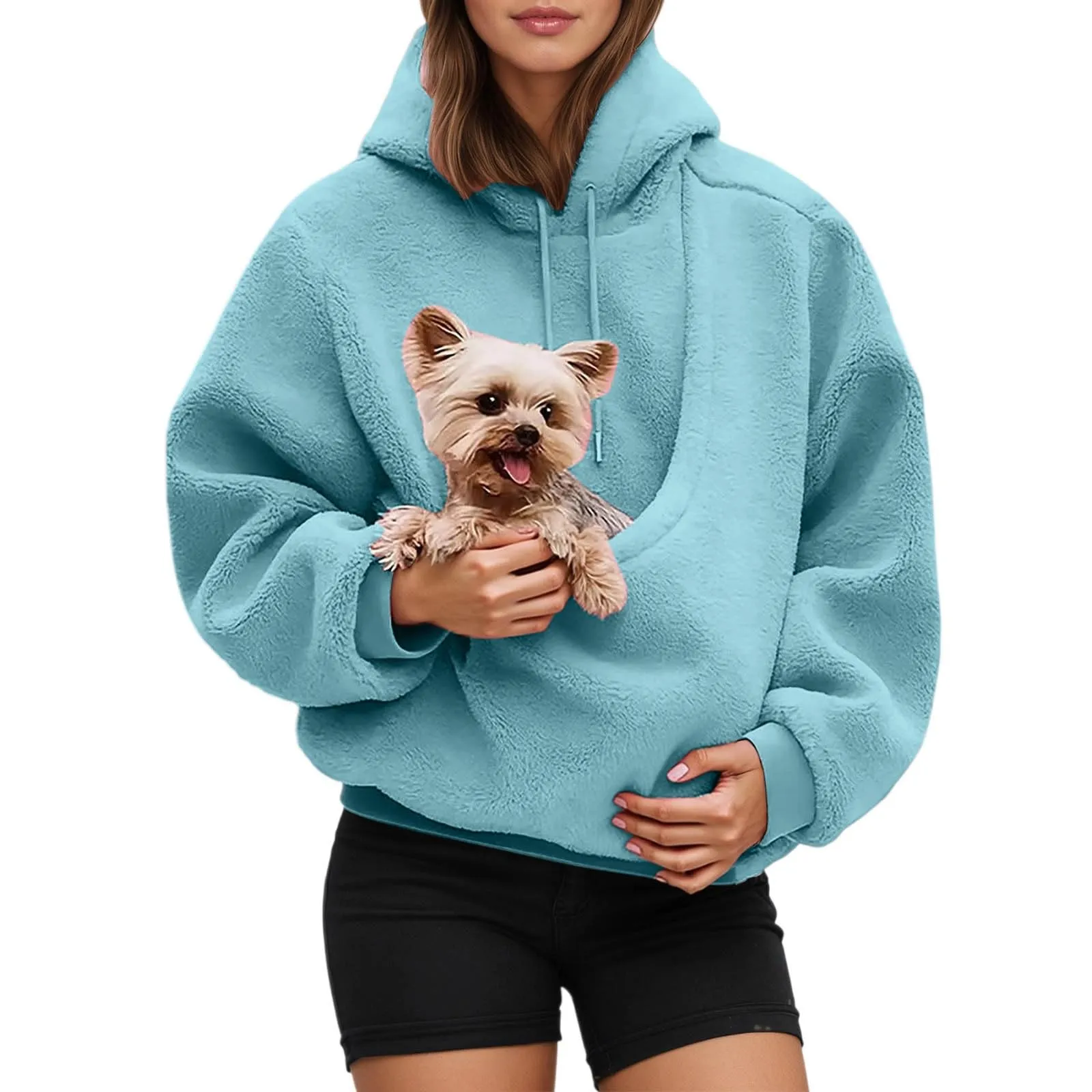 Felpa Donna in Peluche con Tasca Porta Animali, Cappuccio, Pile Morbido, Himmelblau XL - immagine 1