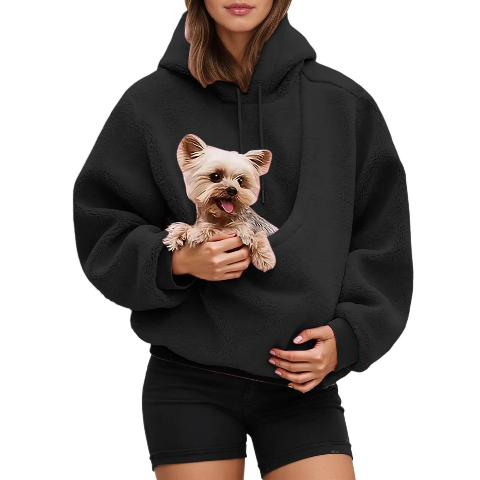 Generico Felpa con Cappuccio Donna con Tasca Porta Animali, Schwarz, S - immagine 1