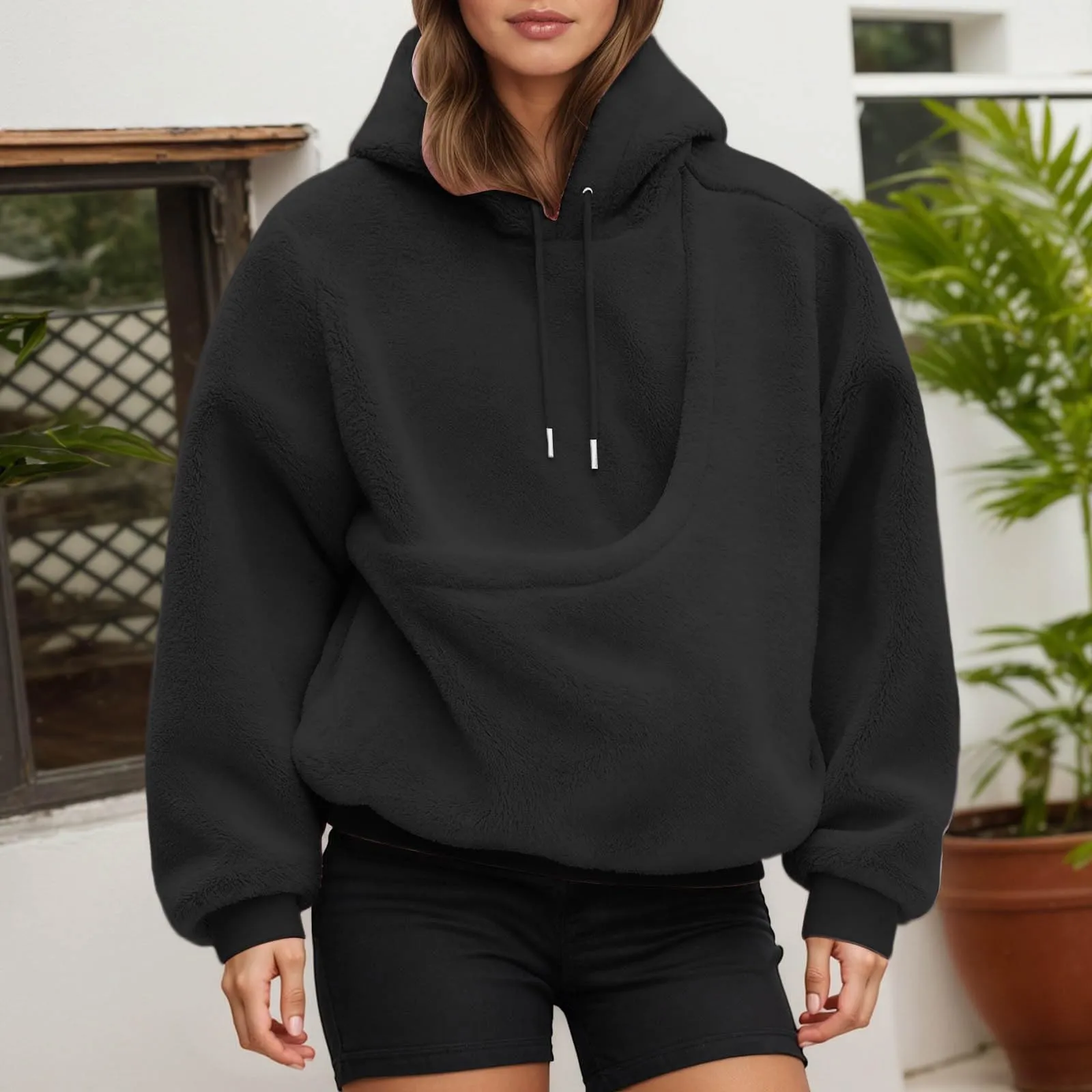Generico Felpa con Cappuccio Donna con Tasca Porta Animali, Schwarz, S - immagine 5