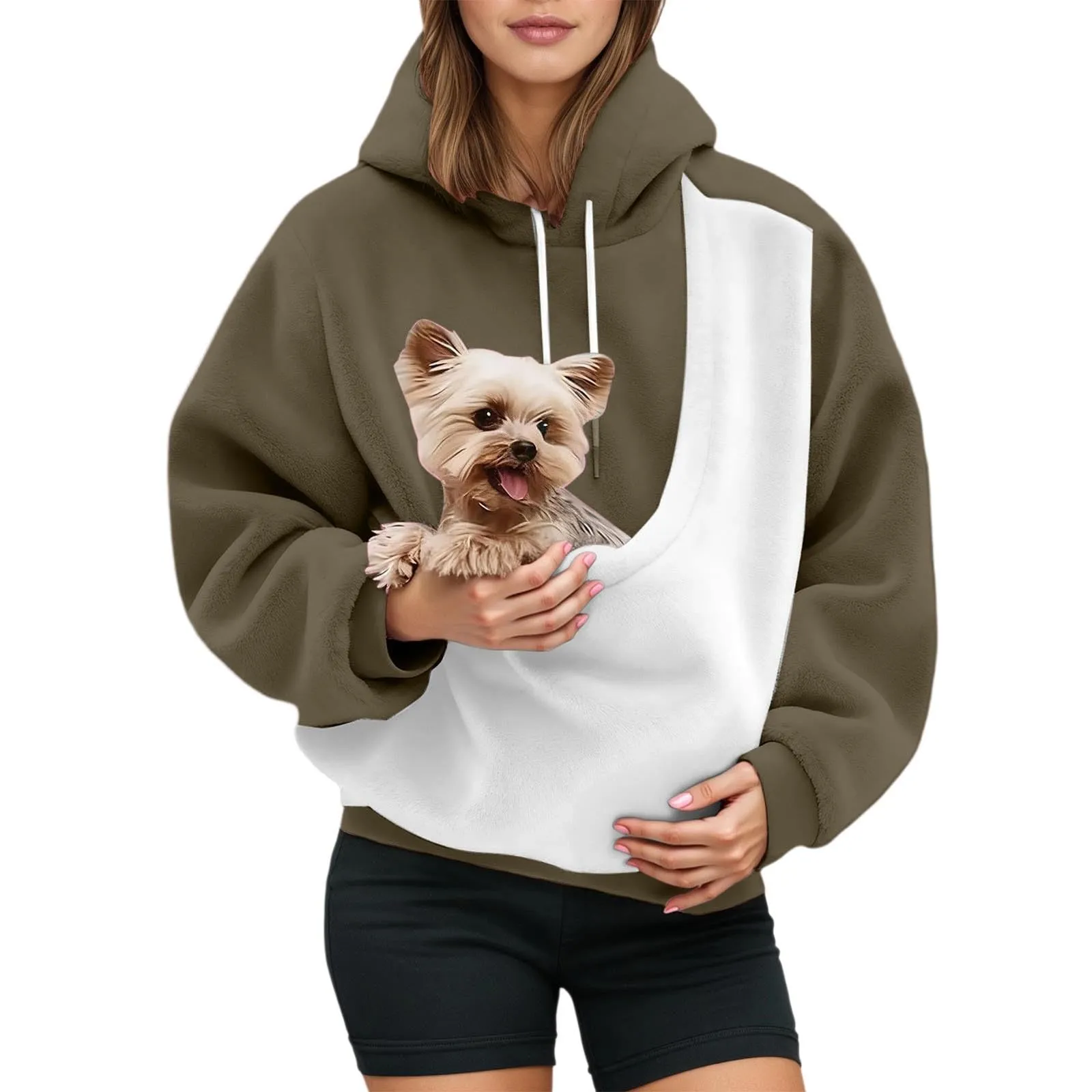 Felpa Donna in Peluche con Tasca Porta Animali, Pullover Casual Invernale Unisex con Cappuccio, Armeegrün XXL - immagine 1