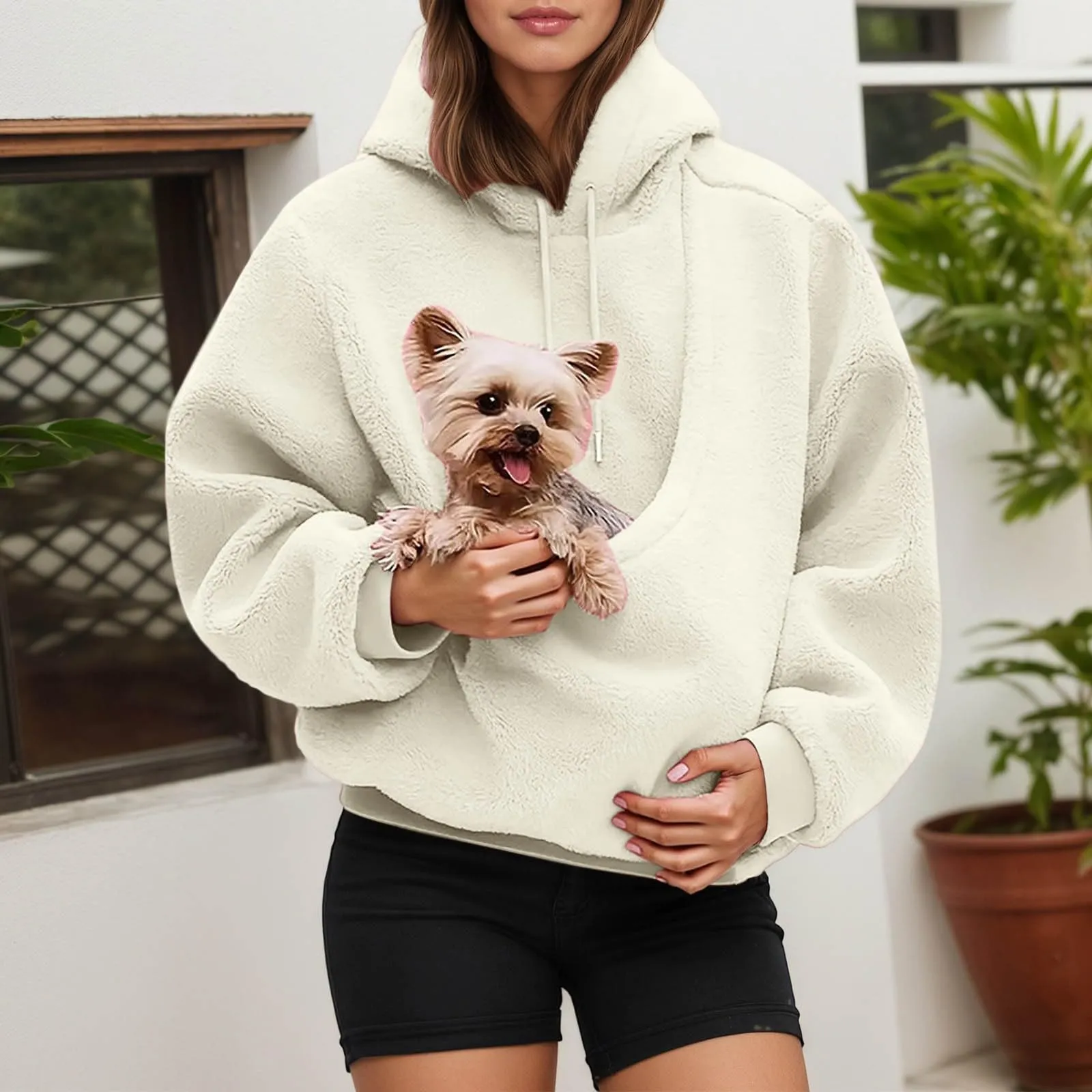 Generico Felpa con Cappuccio da Donna con Tasca a Marsupio per Animali Domestici, Weiß, XL - immagine 3