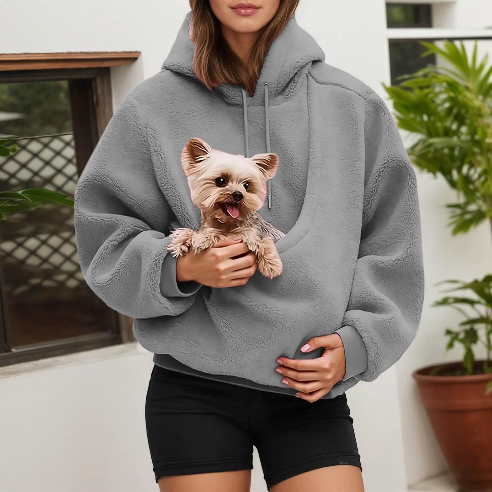Felpa con Cappuccio Donna con Tasca Porta Animali, Light Gray, L - immagine 3