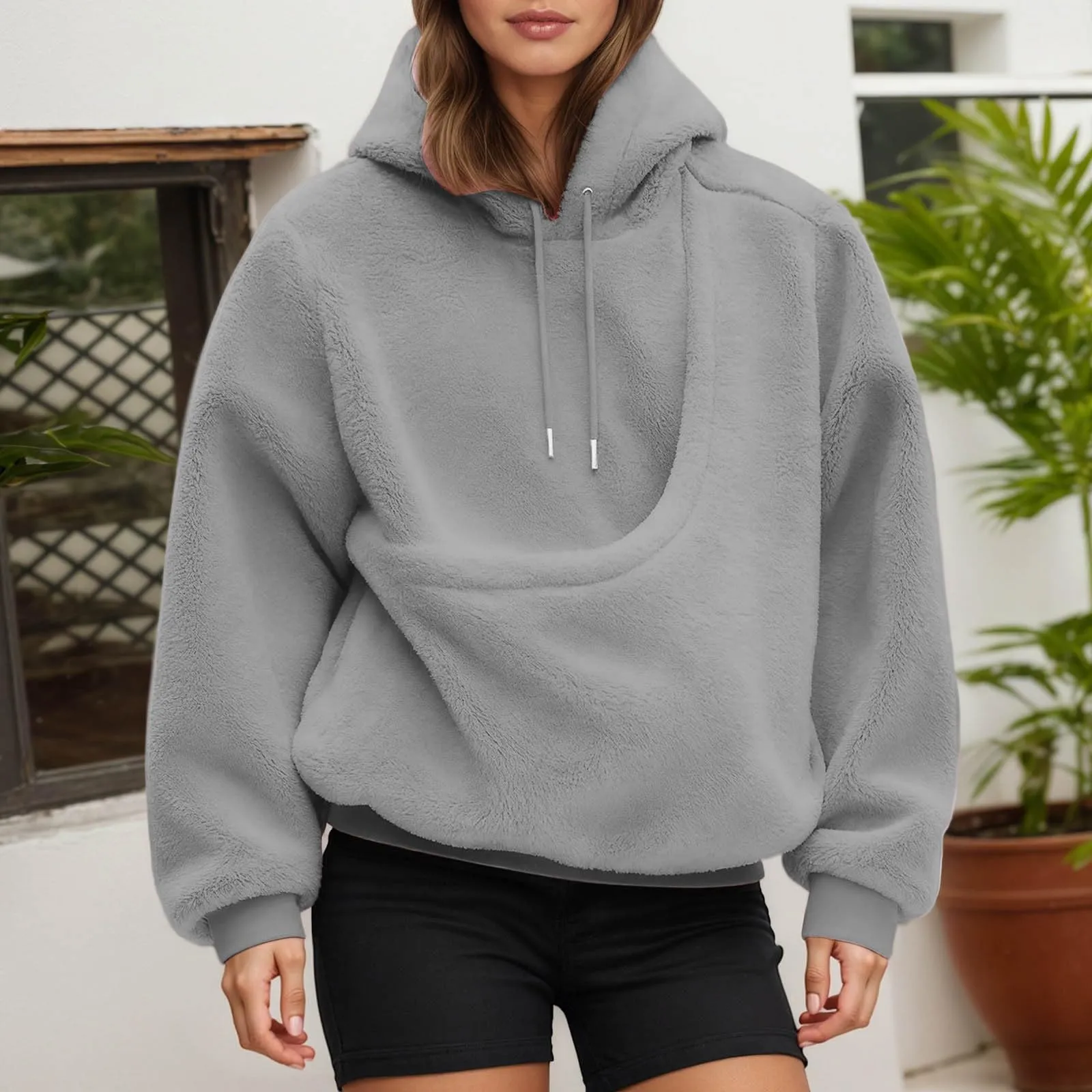 Felpa con Cappuccio Donna con Tasca Porta Animali, Light Gray, L - immagine 7