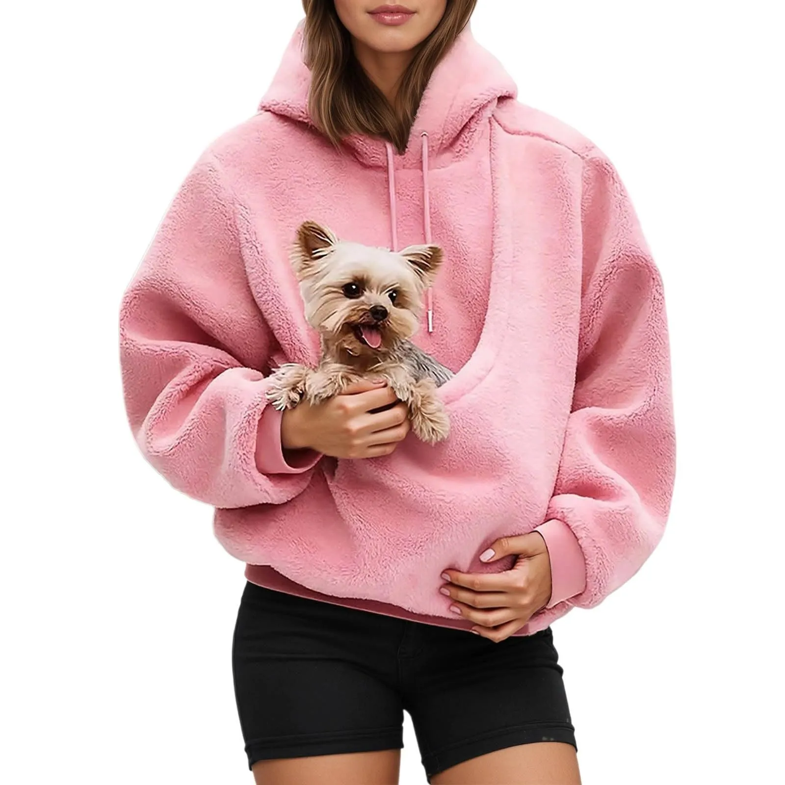 Felpa con Cappuccio Donna con Tasca Porta Animali Canguro, Rosa, XXL - immagine 2