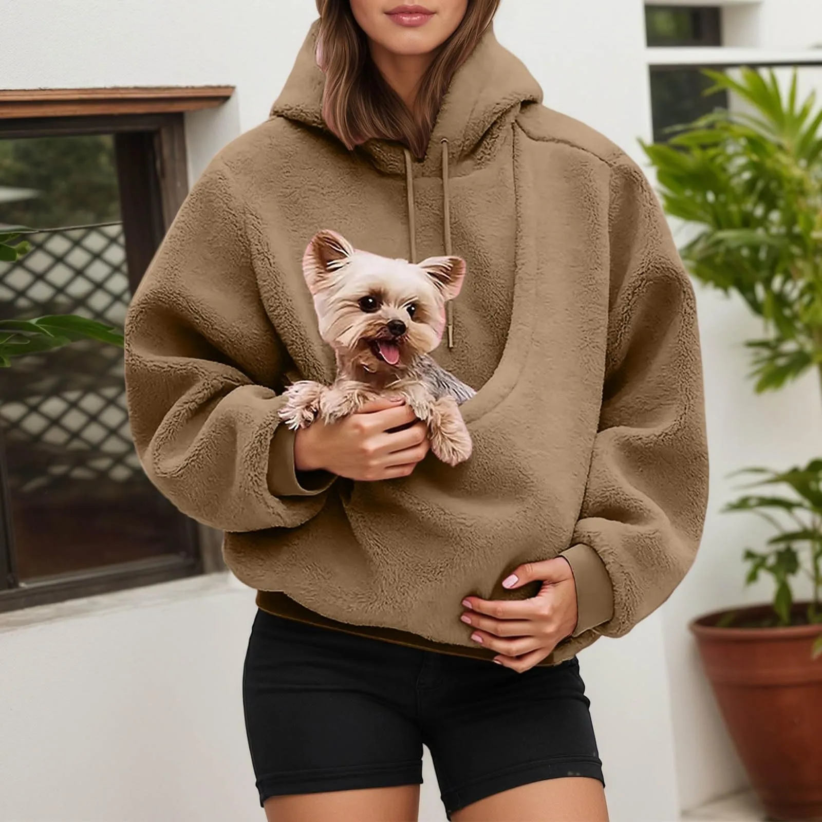 Generico Felpa con Cappuccio da Donna con Tasca a Marsupio per Animali Domestici, Khaki L - immagine 3