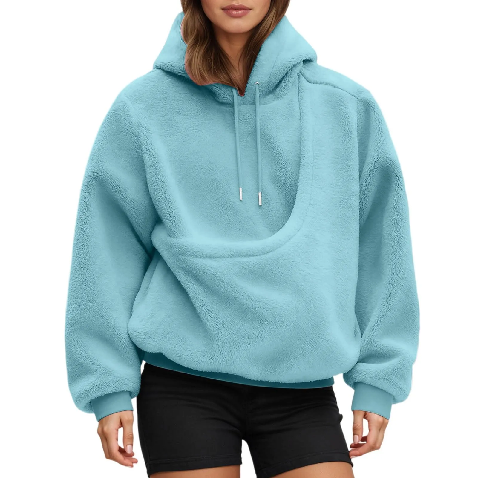 Felpa con Cappuccio Donna con Tasca Porta Animali, Pullover Casual Invernale, Himmelblau, M - immagine 2