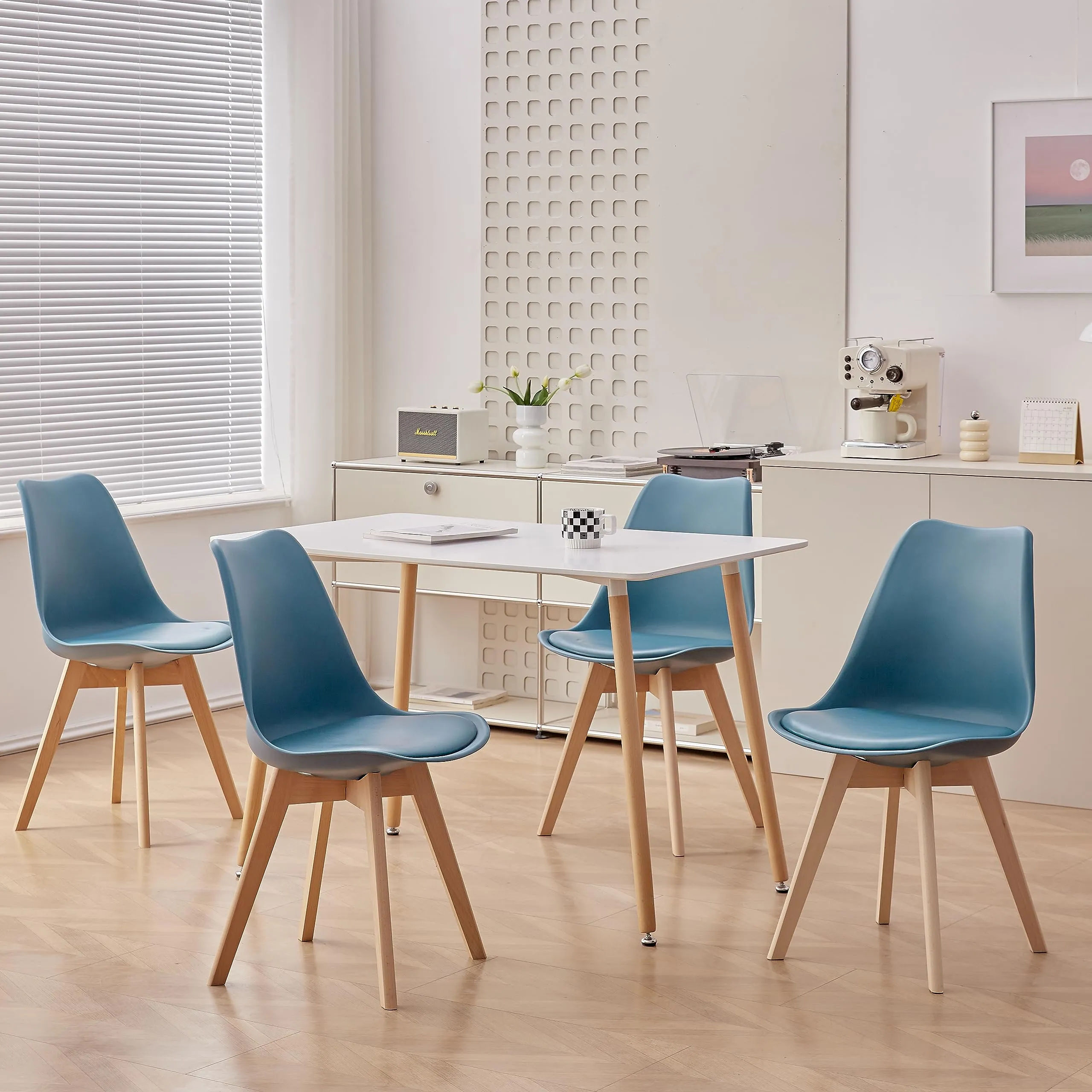 DEYARNA HOME Set di 4 Sedie da Pranzo Moderne Imbottite in Pelle PU con Gambe in Legno di Faggio, Blu Scuro - immagine 9
