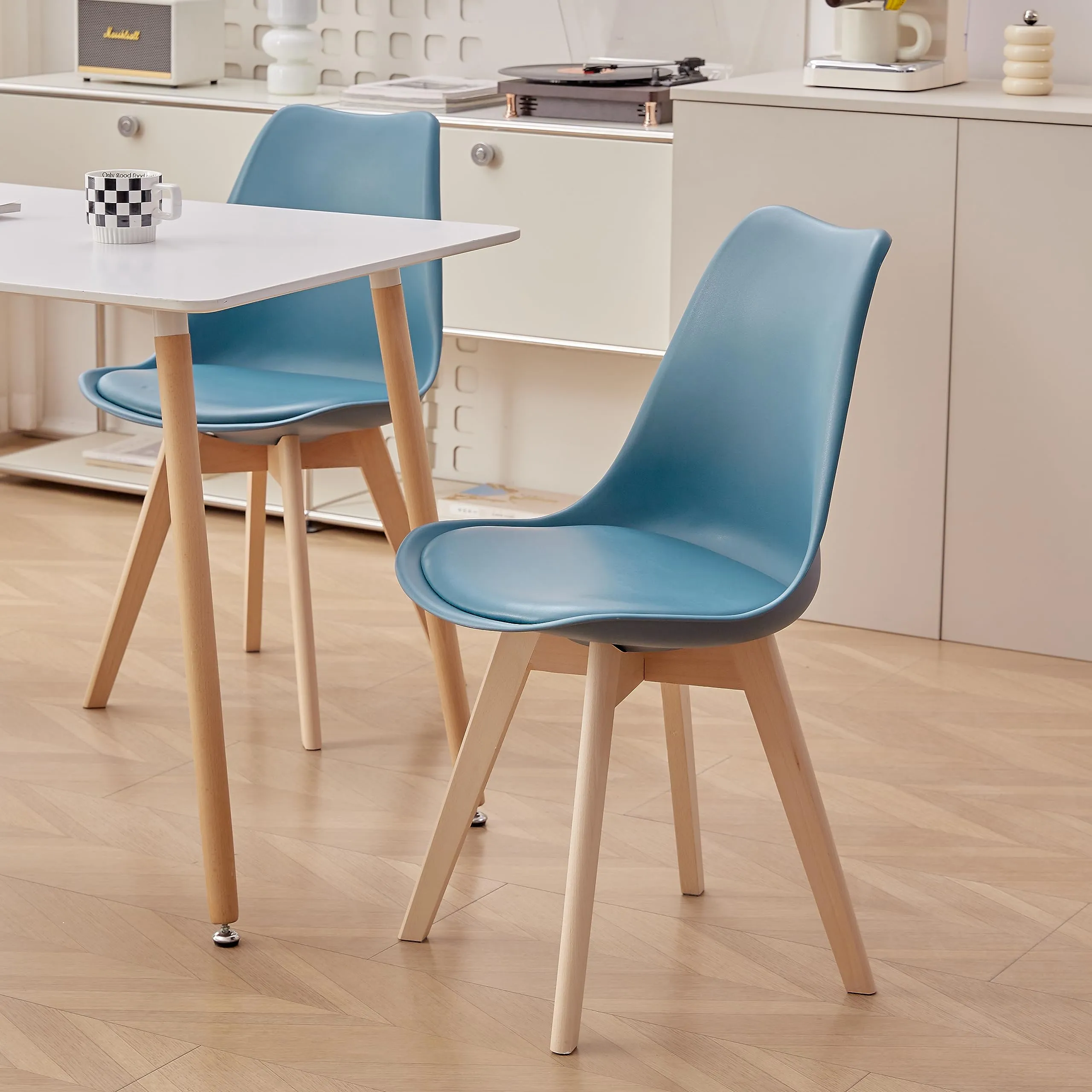 DEYARNA HOME Set di 8 Sedie da Pranzo Moderne Imbottite in Pelle PU con Gambe in Legno di Faggio, Blu Scuro - immagine 8
