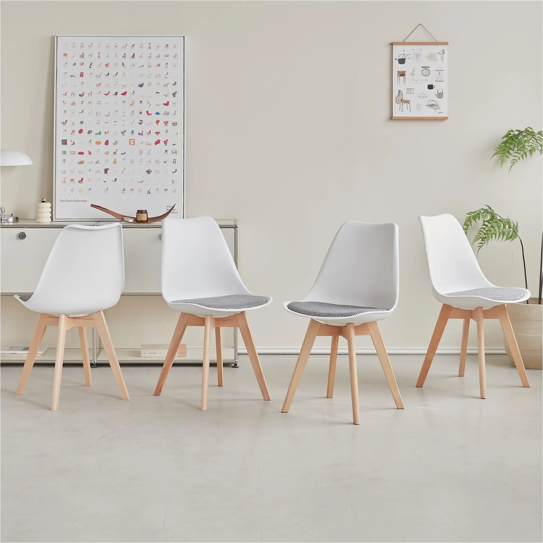 DEYARNA HOME Set di 8 Sedie da Pranzo Moderne in Tessuto Imbottito con Gambe in Legno di Faggio, Bianco - immagine 8