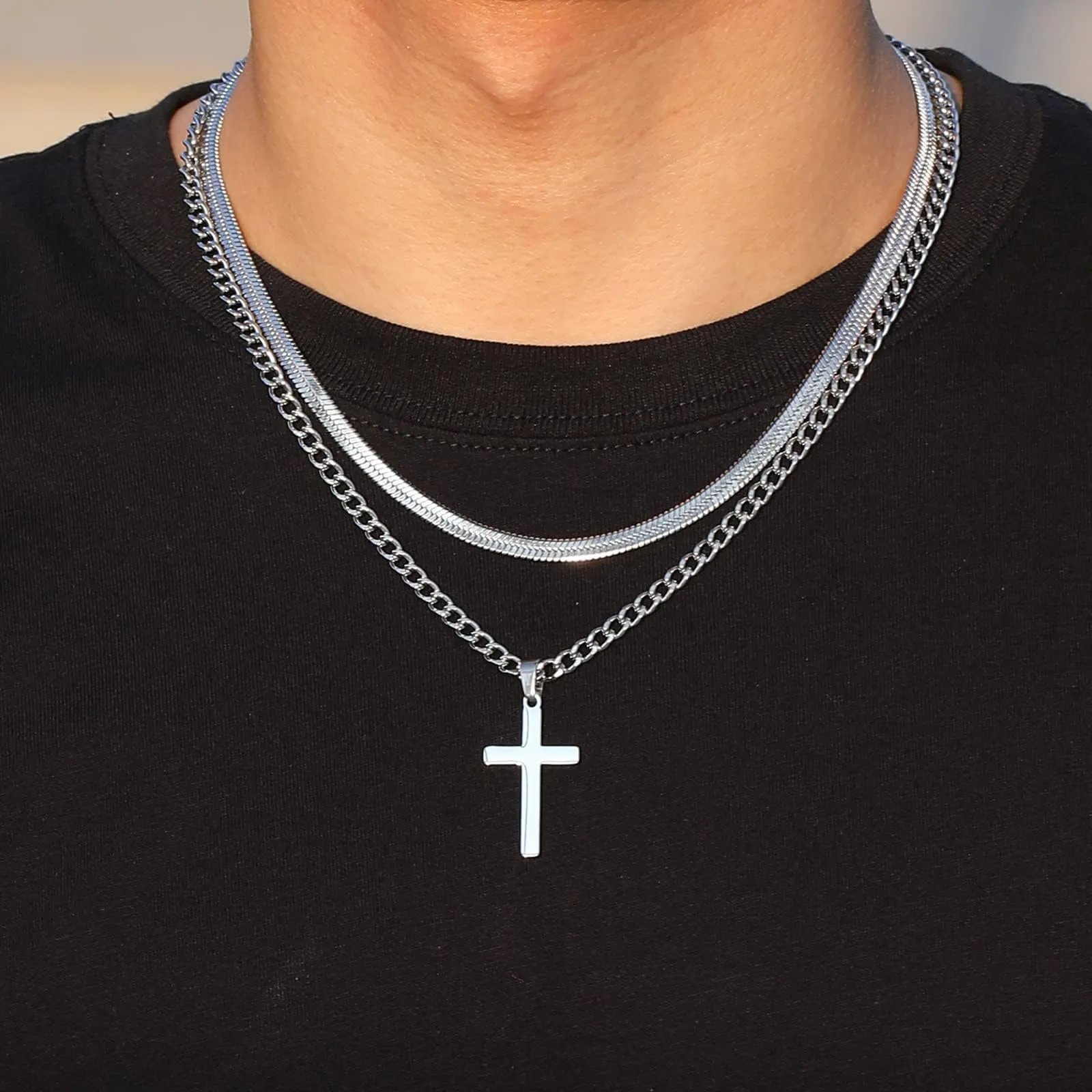 Esmoly Collana Crocifisso Uomo in Acciaio Inossidabile 316L, Catena Cubana e Serpente, Argento 20+22 Inches - immagine 2