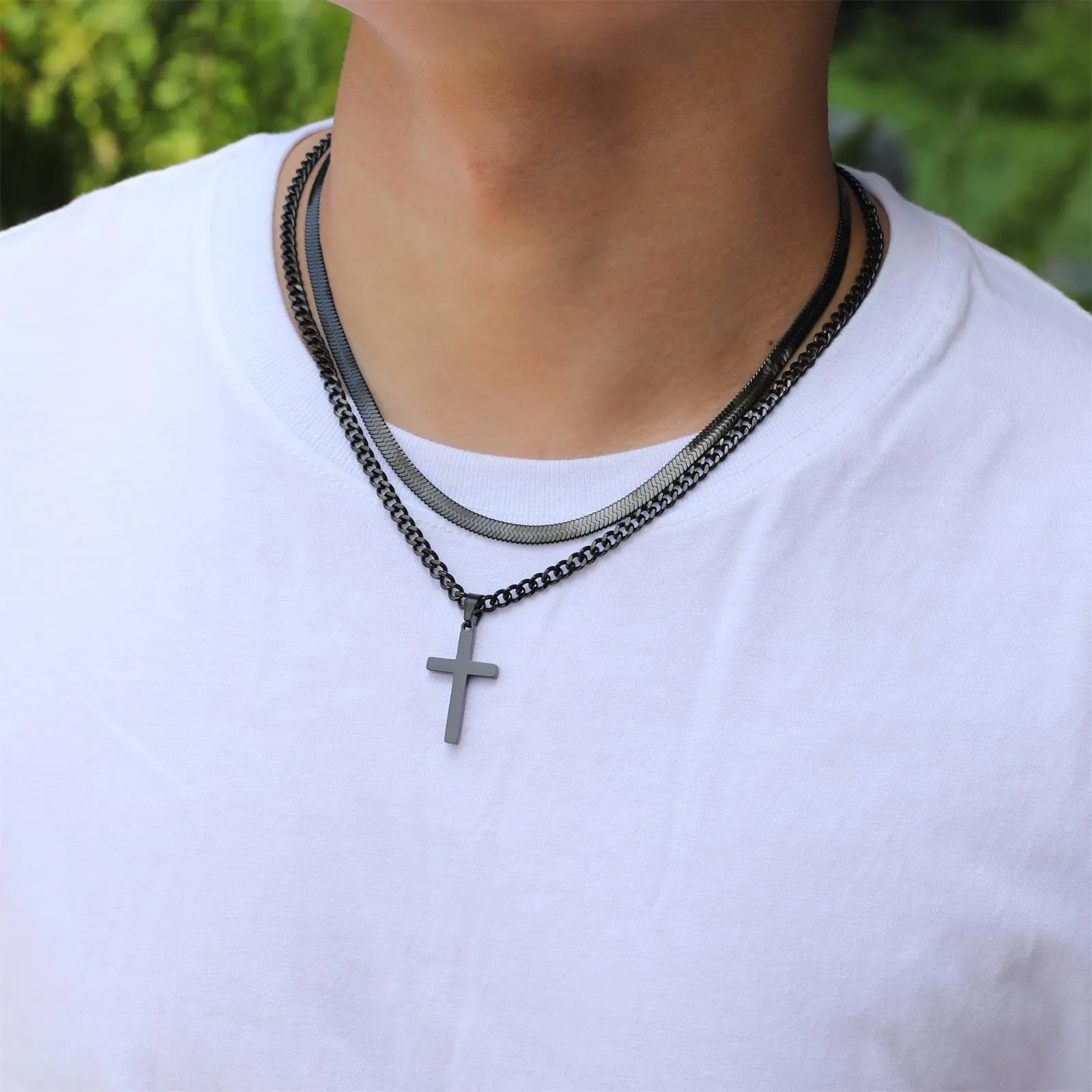 Esmoly Collana Crocifisso Uomo in Acciaio Inossidabile 316L Catena Cubana e Serpente, Nero 20+22 Inches - immagine 3