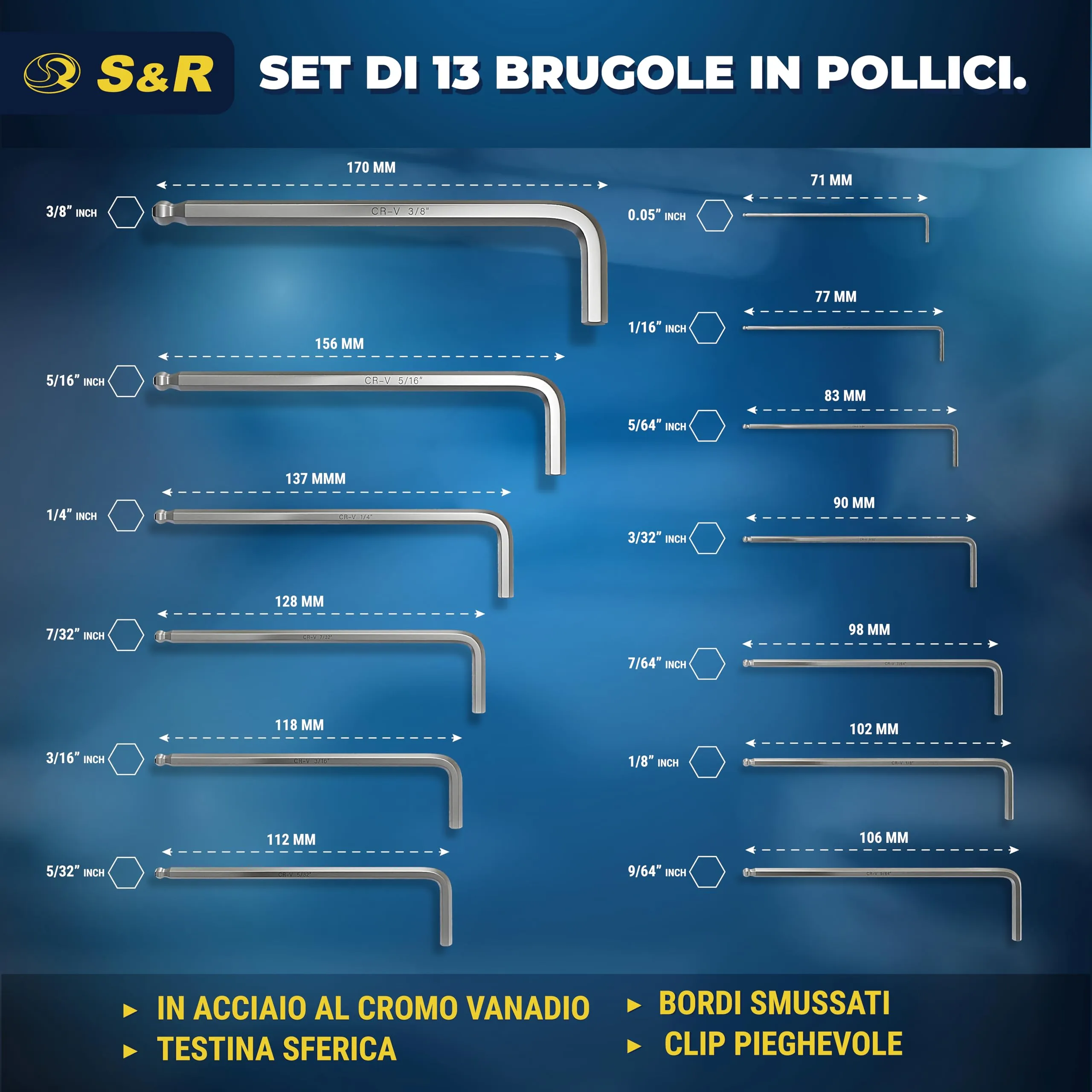 S&R Set di Chiavi a Brugola in Pollici Lunghe con Testa Sferica, 13 Pezzi (0,05" - 3/8") - immagine 2