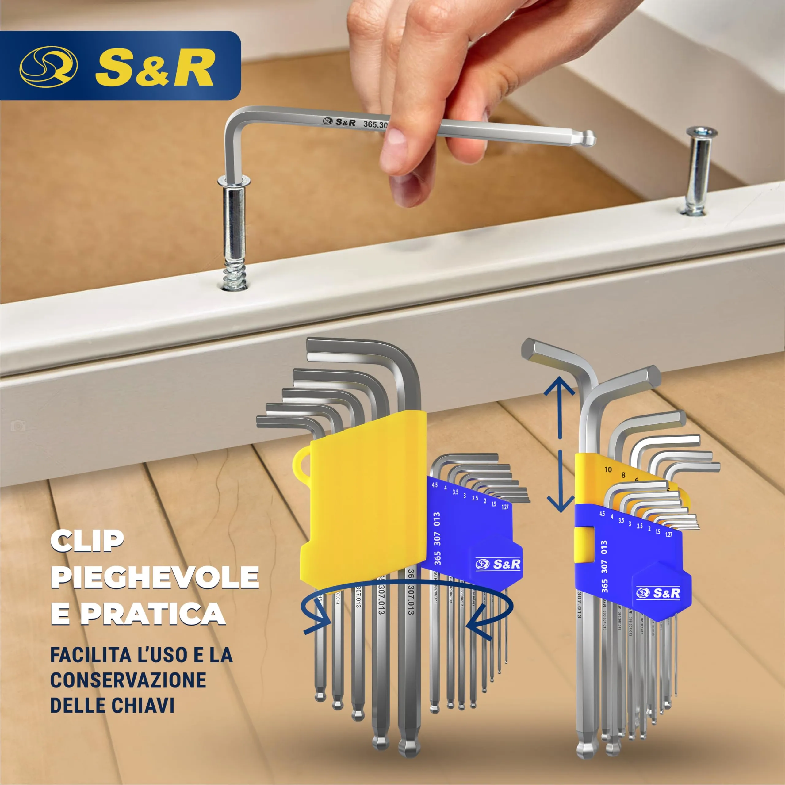 S&R Set di Chiavi a Brugola in Pollici Lunghe con Testa Sferica, 13 Pezzi (0,05" - 3/8") - immagine 5