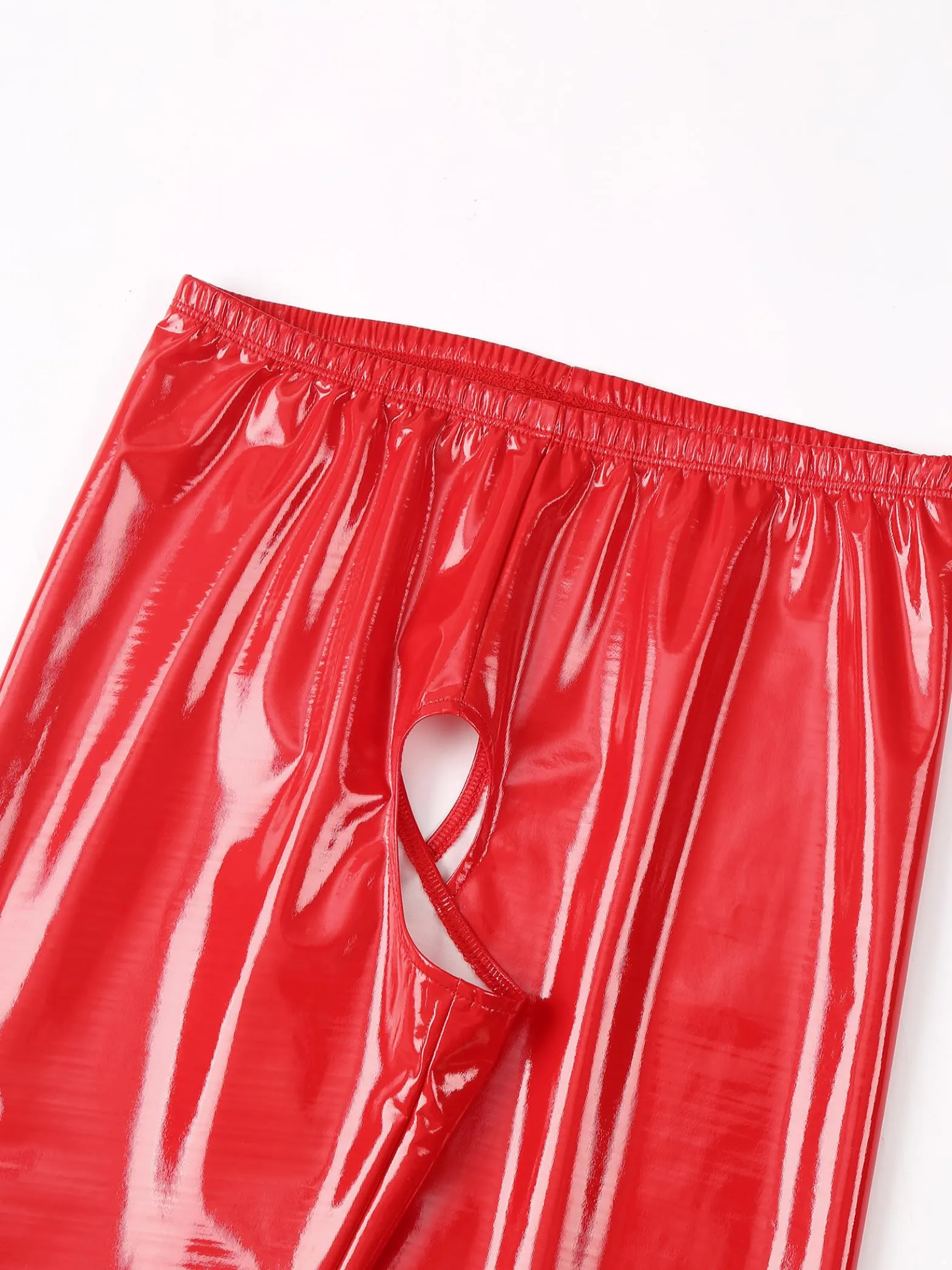 Xnihocha Pantaloni Wetlook in Pelle con Apertura all'Incrocio, Leggings Skinny a Vita Alta, Rosso, S - immagine 6