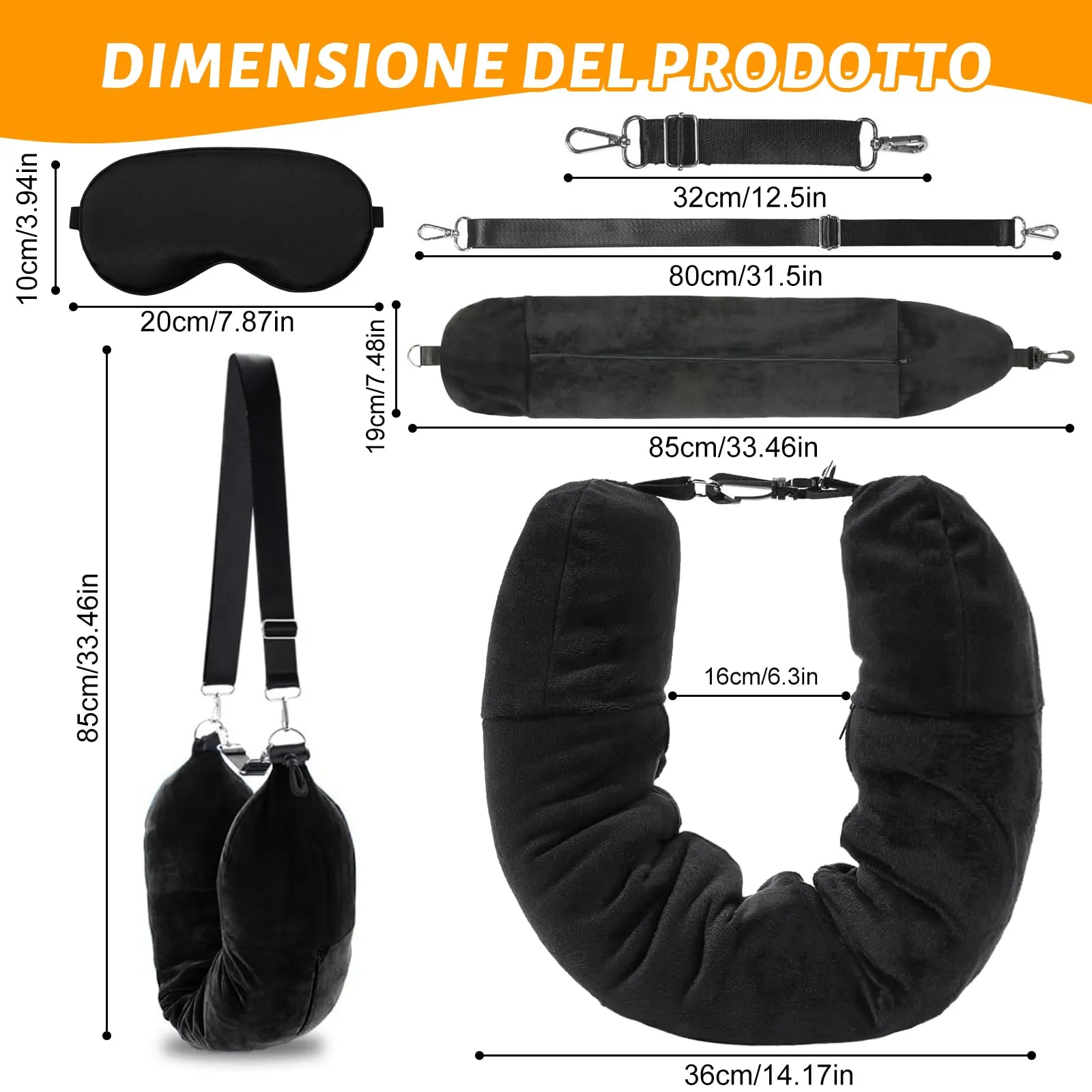 KufaerBeam Cuscino da Viaggio Riempibile a Forma di U con Benda e Cinturini Regolabili, Nero - immagine 2
