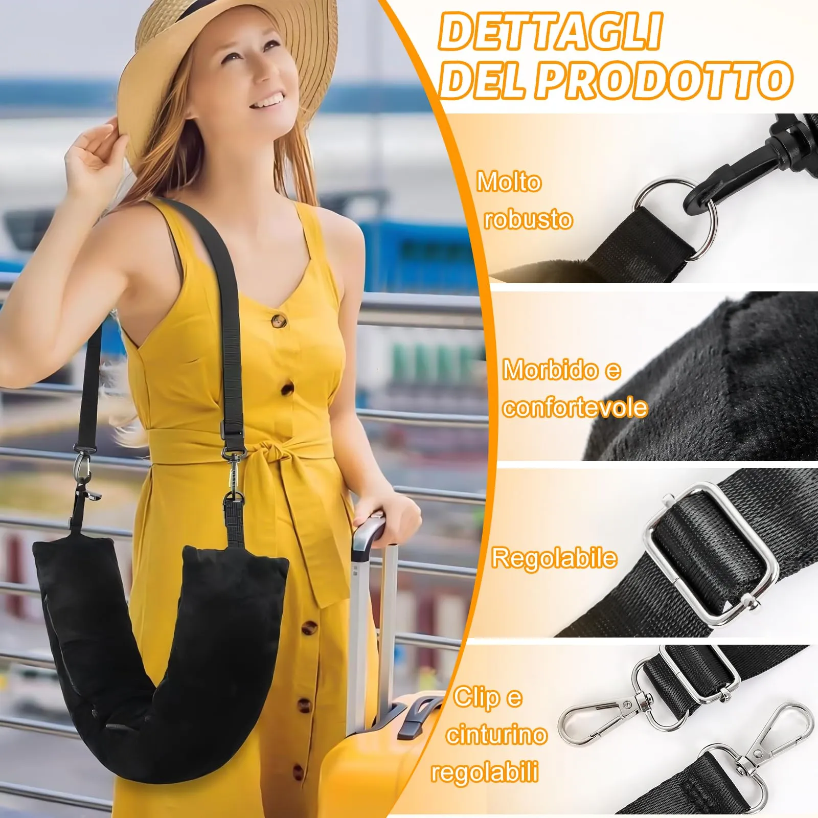 KufaerBeam Cuscino da Viaggio Riempibile a Forma di U con Benda e Cinturini Regolabili, Nero - immagine 4